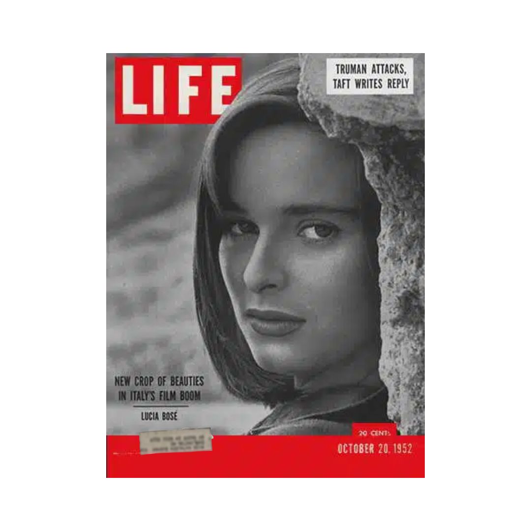 Cover of VTG Life Magazine from October 20, 1952 featuring Lucia Bose, showcasing themes of Italy's film boom with the title highlighted.