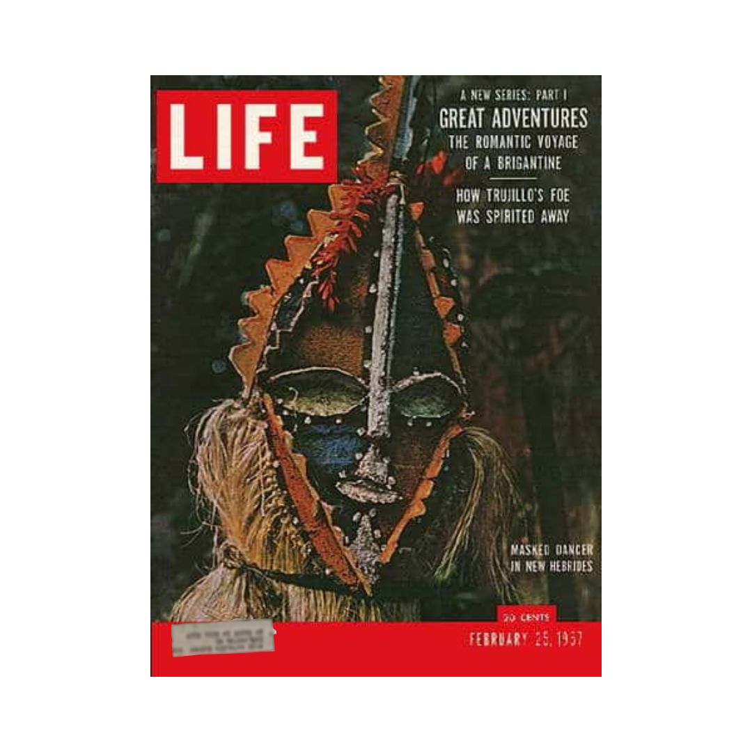 Cover of VTG Life Magazine dated February 25, 1957, featuring the Masked Dancer in New Hebrides, highlighting cultural themes and vibrant imagery.