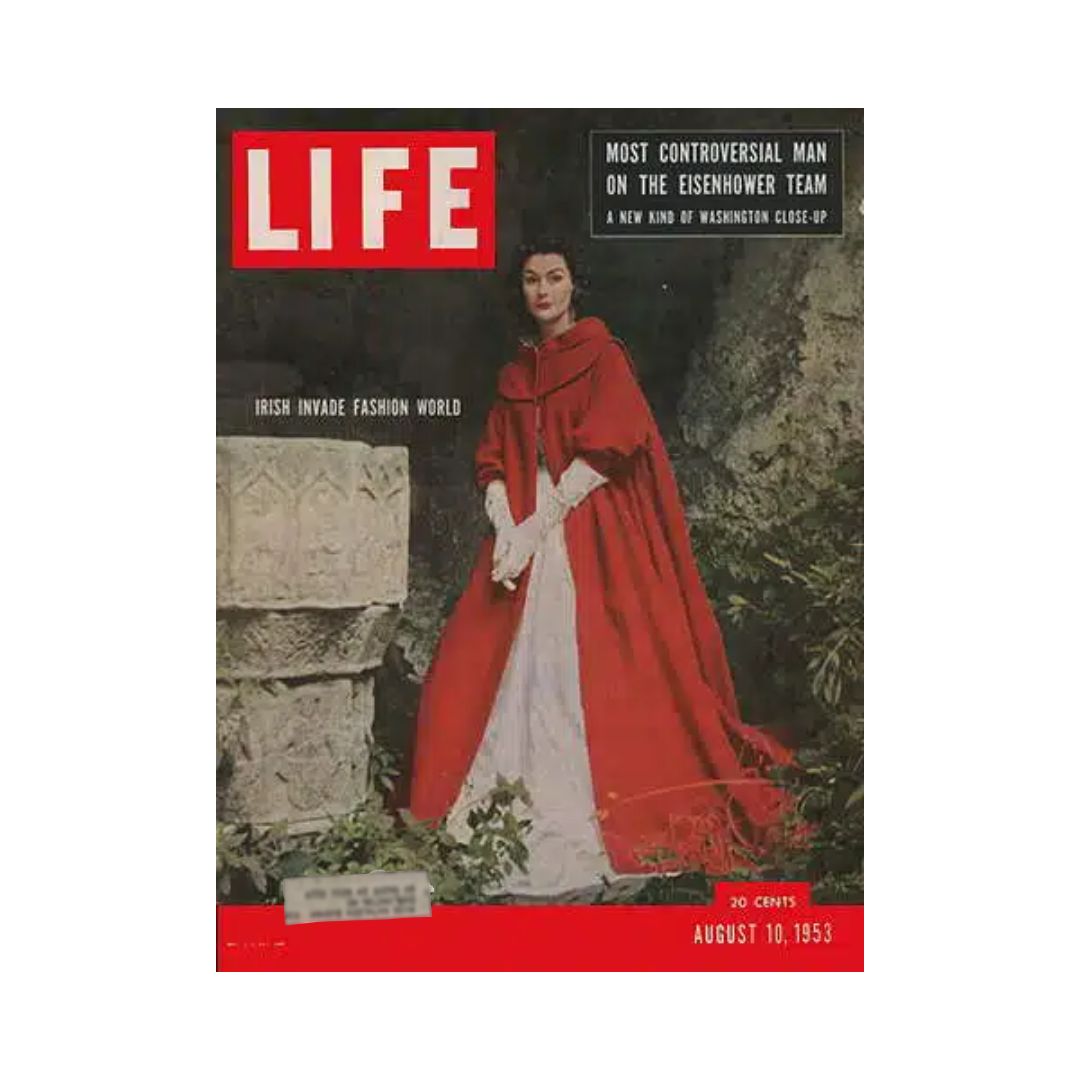 Cover of VTG Life Magazine from August 10, 1953, featuring a model in an elegant red cloak and showcasing the theme 'Irish Invade Fashion World'.