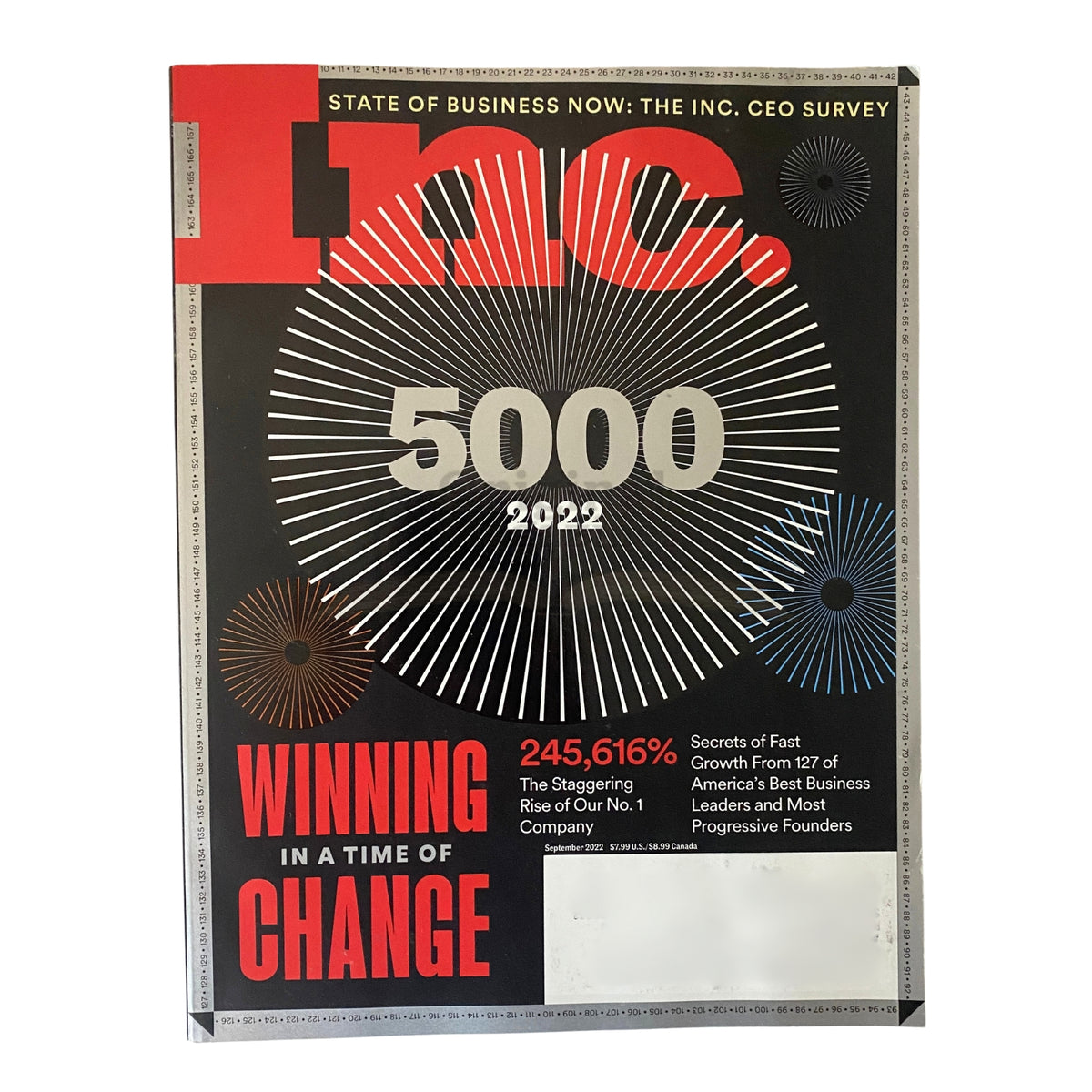 Cover of Inc. Magazine September 2022 titled 'Winning in a Time of Change' featuring the 5000 list, showcasing the theme of innovation and business growth.