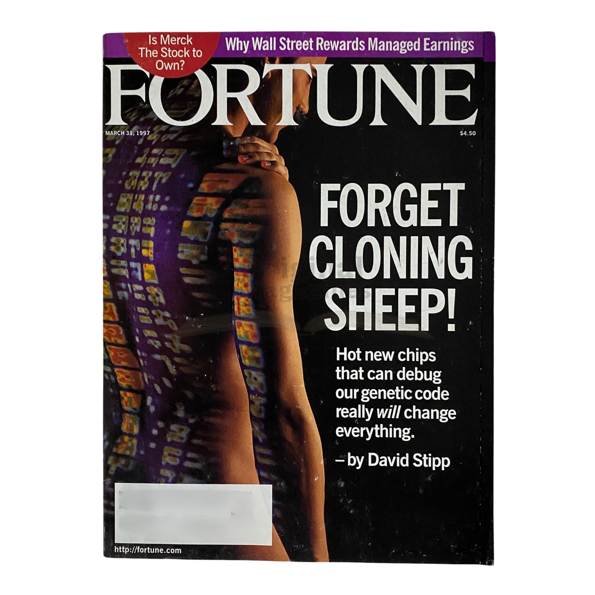Cover of Fortune Magazine, March 31, 1997, featuring the headline 'Forget Cloning Sheep!' and discussing innovations in biotechnology and genetic coding. The cover image highlights a model with digital patterns, symbolizing technological advancements.