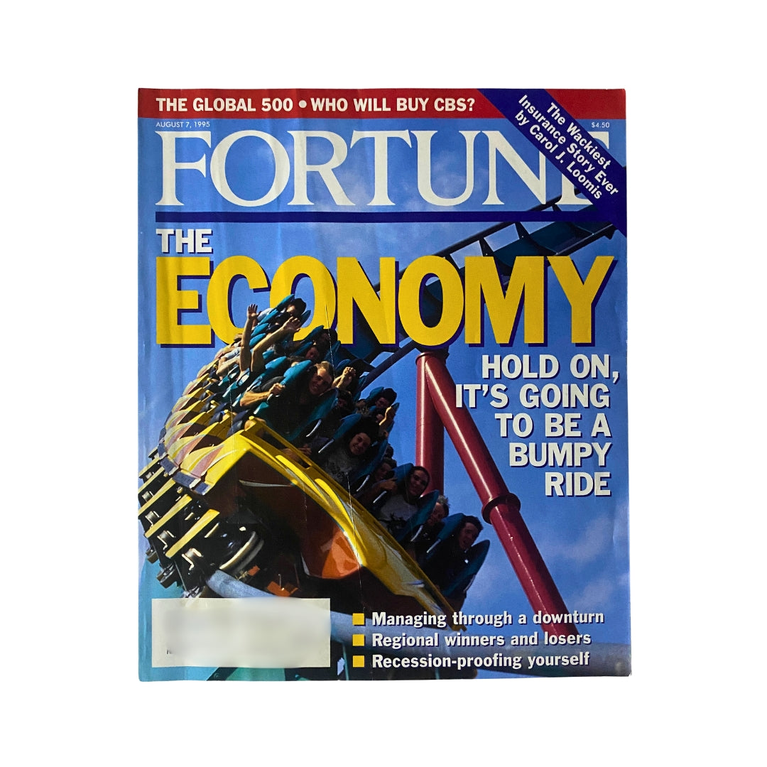 Fortune Magazine August 7, 1995 issue cover featuring the headline 'The Economy: Hold On, It's Going to Be a Bumpy Ride', highlighting an amusement park roller coaster with riders, emphasizing the complexities of economic fluctuations.