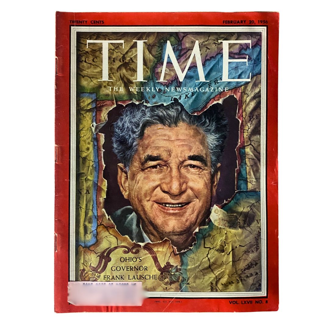 VTG Time Magazine February 20, 1956 cover featuring Ohio Governor Frank Lausche, showcasing his portrait on a vintage magazine backdrop.