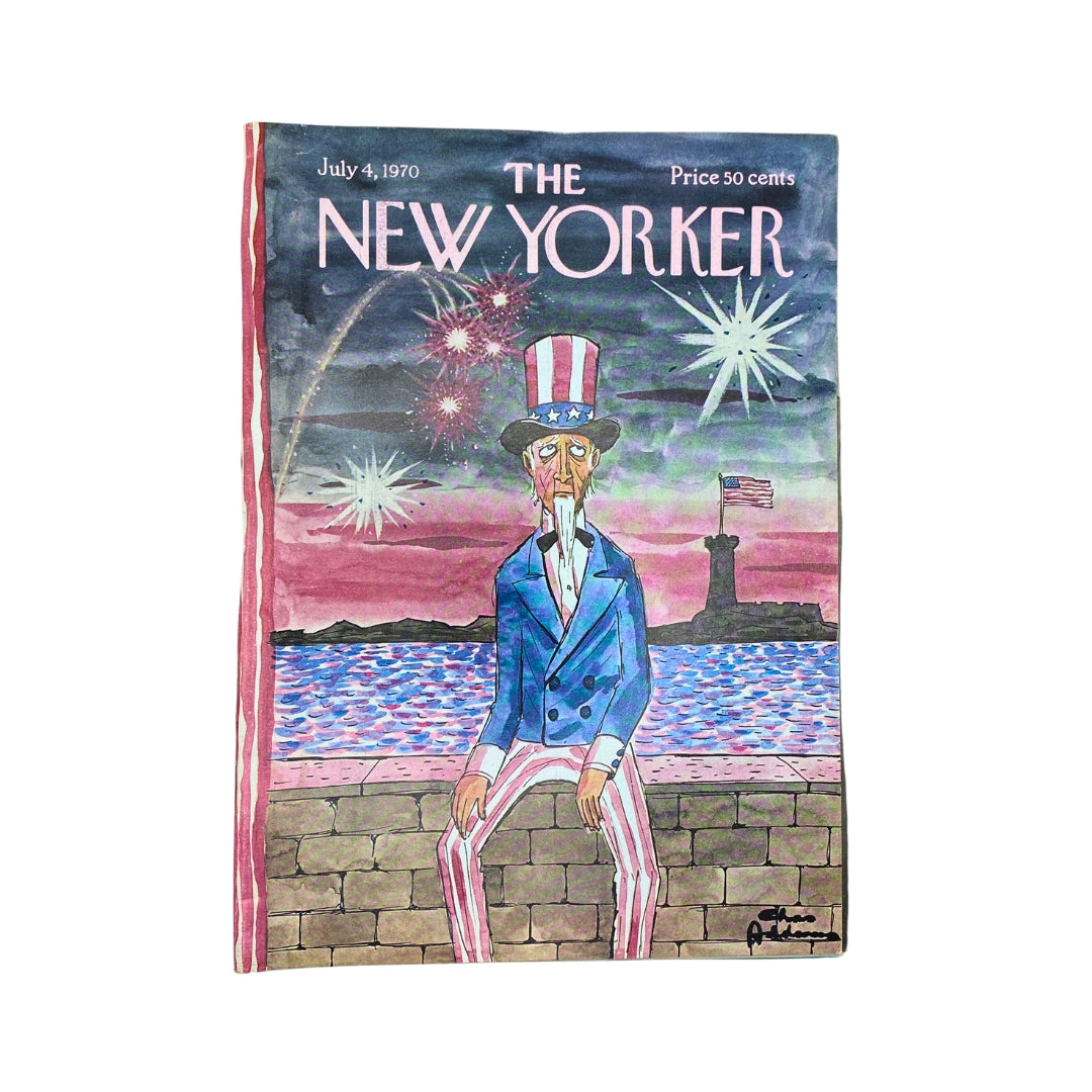 Cover of The New Yorker Complete Magazine July 4, 1970 featuring Chas Addams artwork with a portrayal of Uncle Sam amidst fireworks and the Statue of Liberty, showcasing a unique blend of humor and artistry.