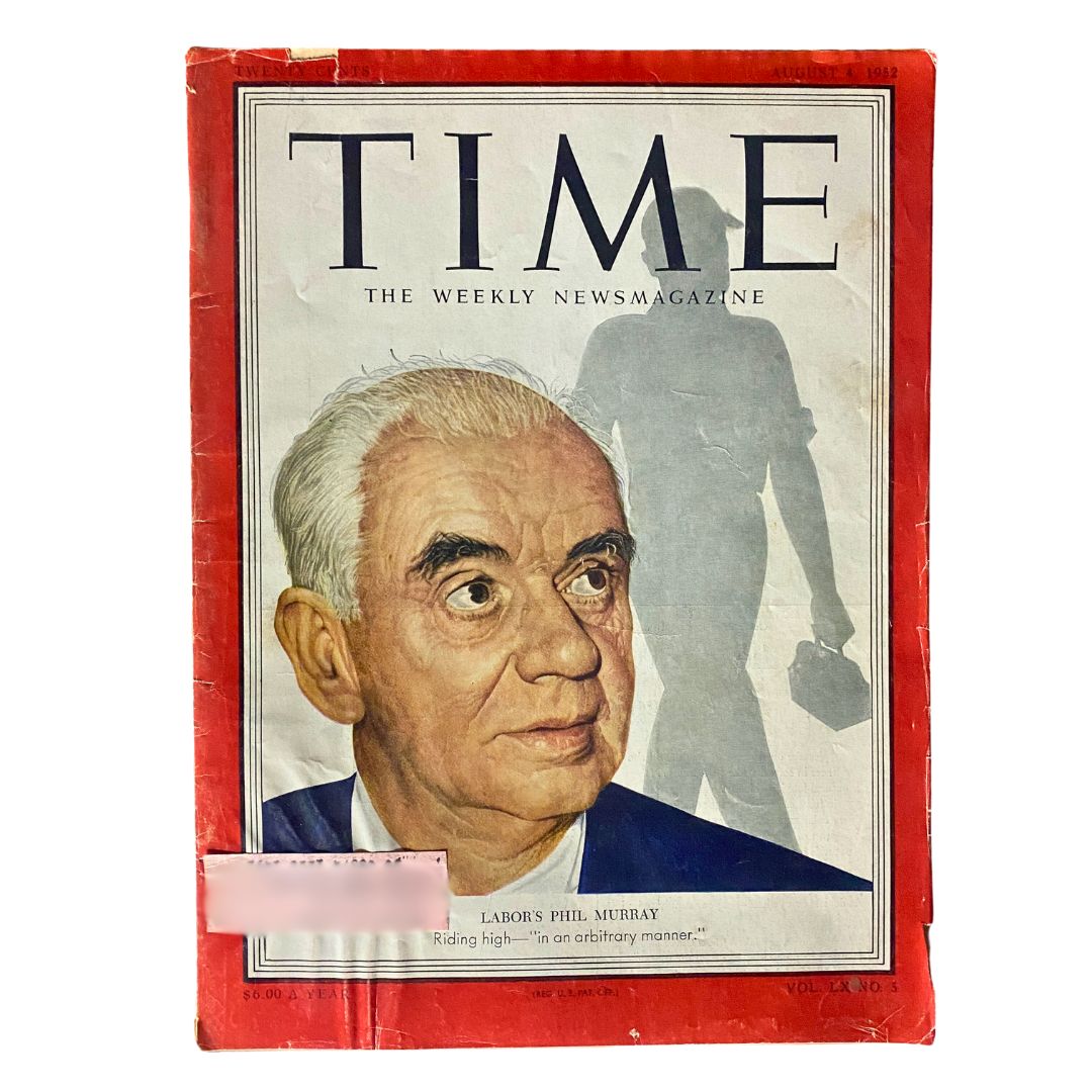 VTG Time Magazine August 4, 1952 cover featuring labor leader Philip Murray, showcasing his portrait with the caption 'Labor's Phil Murray.' This vintage magazine is a significant collectible reflecting the labor movement in 1950s America.