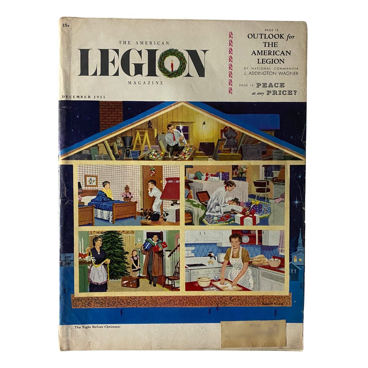 The American Legion Magazine December 1955 cover featuring a festive illustration of family Christmas activities inside a house, showcasing scenes such as gift wrapping, tree decorating, and holiday cooking, embodying the spirit of mid-20th century America.