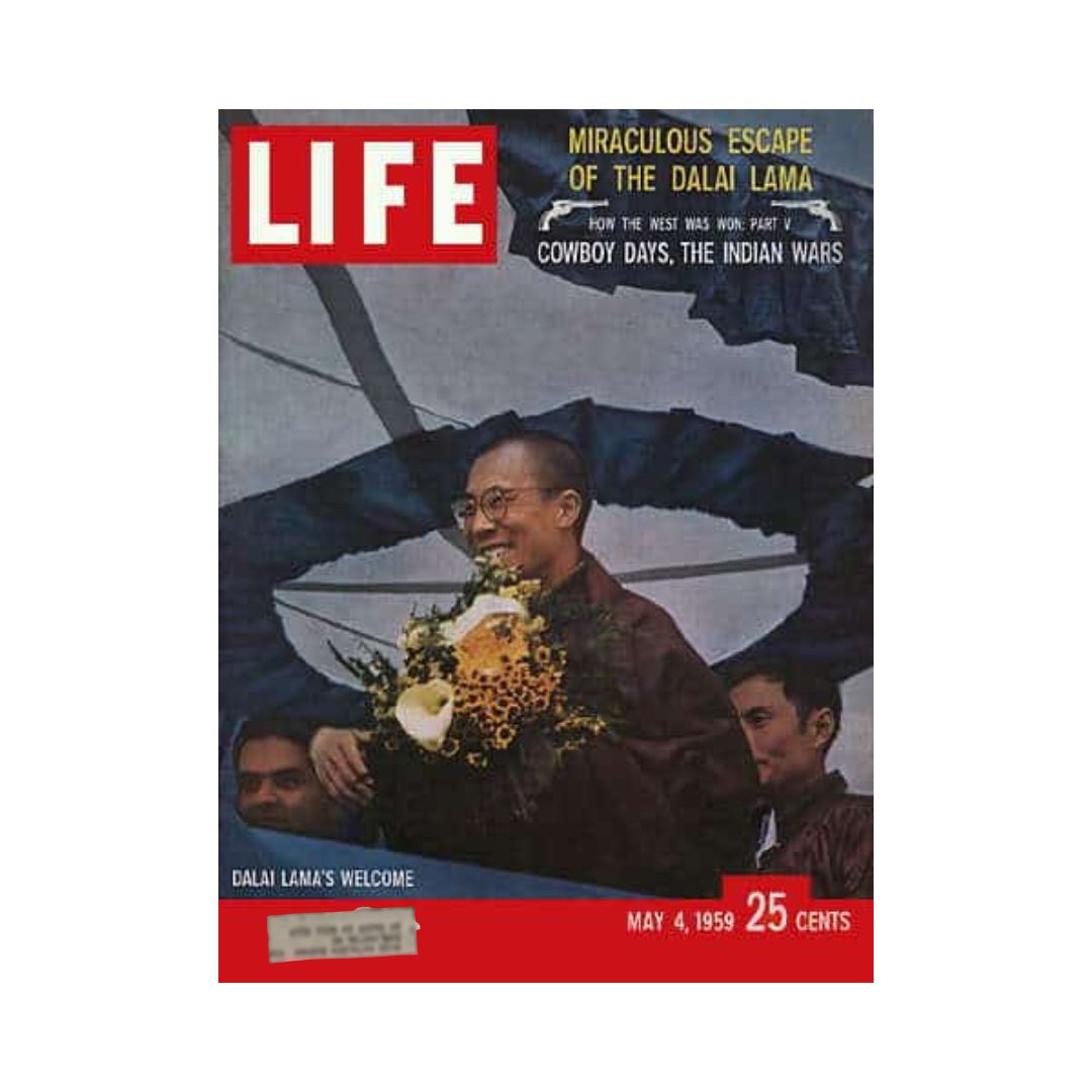 Vintage Life Magazine Cover from May 4, 1959, featuring the Dalai Lama's miraculous escape to India, showcasing the Dalai Lama surrounded by a welcoming crowd with flowers, illustrating a significant moment in history.