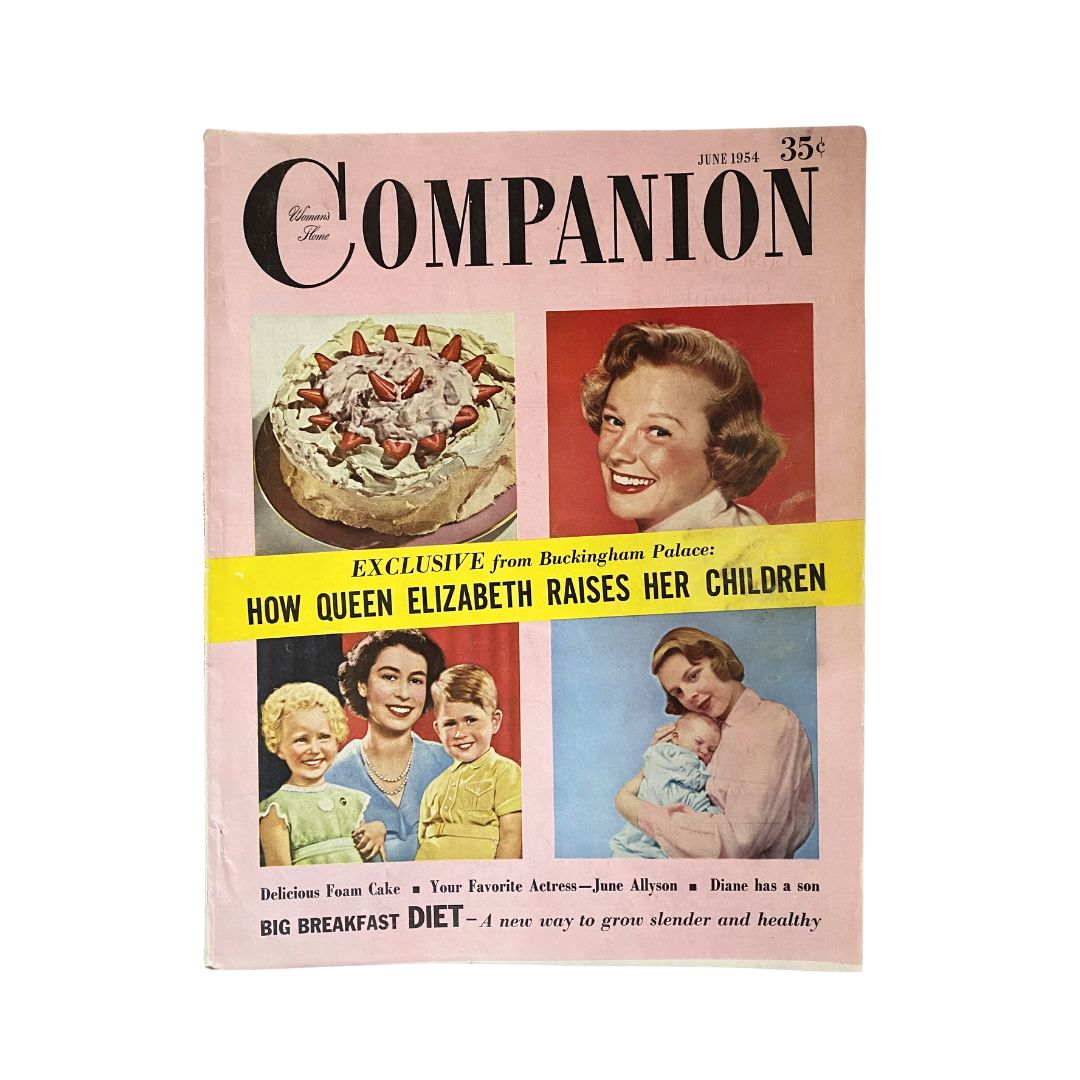 Cover of the Woman's Home Companion June 1954 featuring a colorful image with Queen Elizabeth II and her children, showcasing the magazine's historical significance and 1950s family dynamics.
