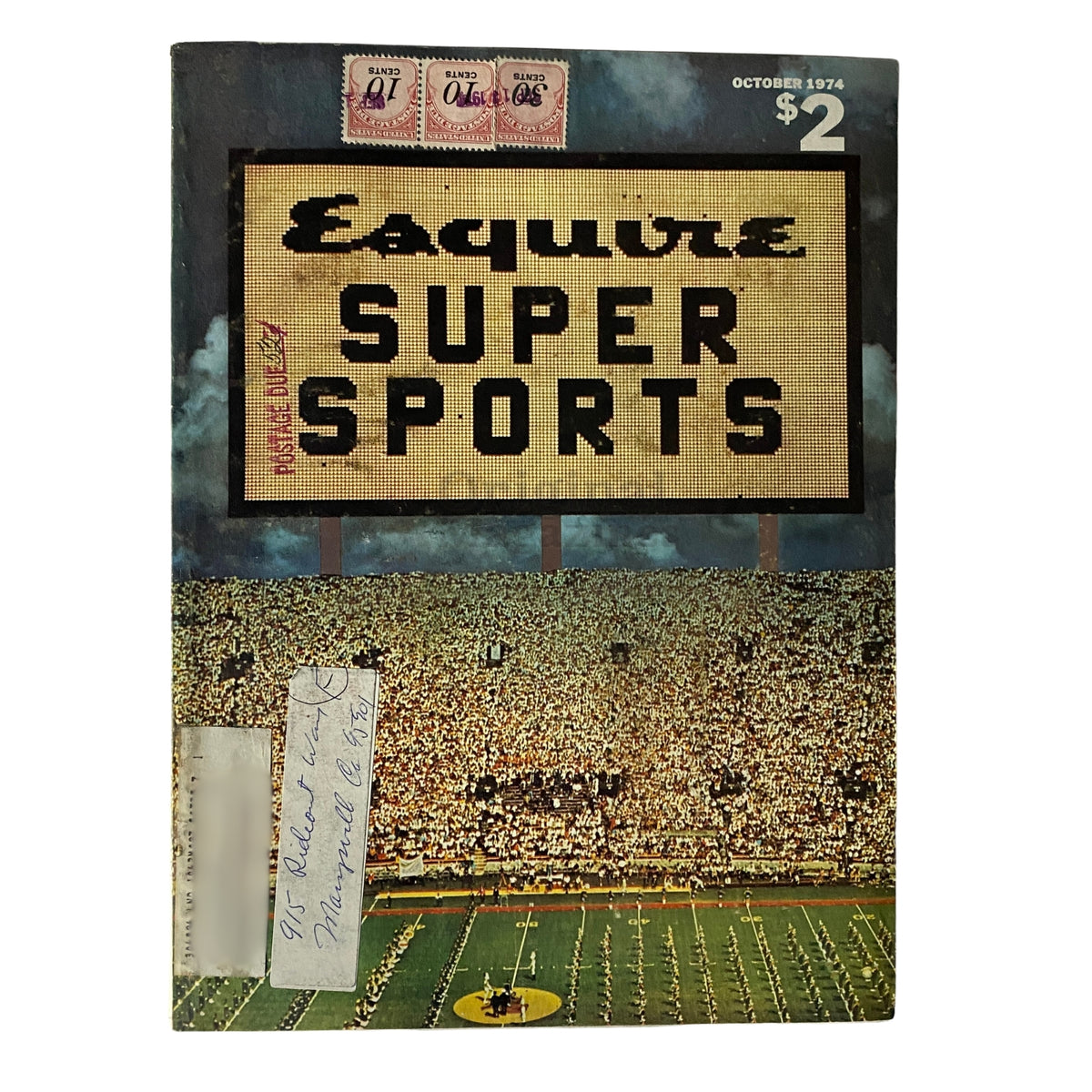 Cover of Esquire Magazine October 1974 Super Sports Special featuring a large stadium filled with fans, showcasing the title prominently on a digital scoreboard. This issue captures the essence of sports culture in the 1970s.