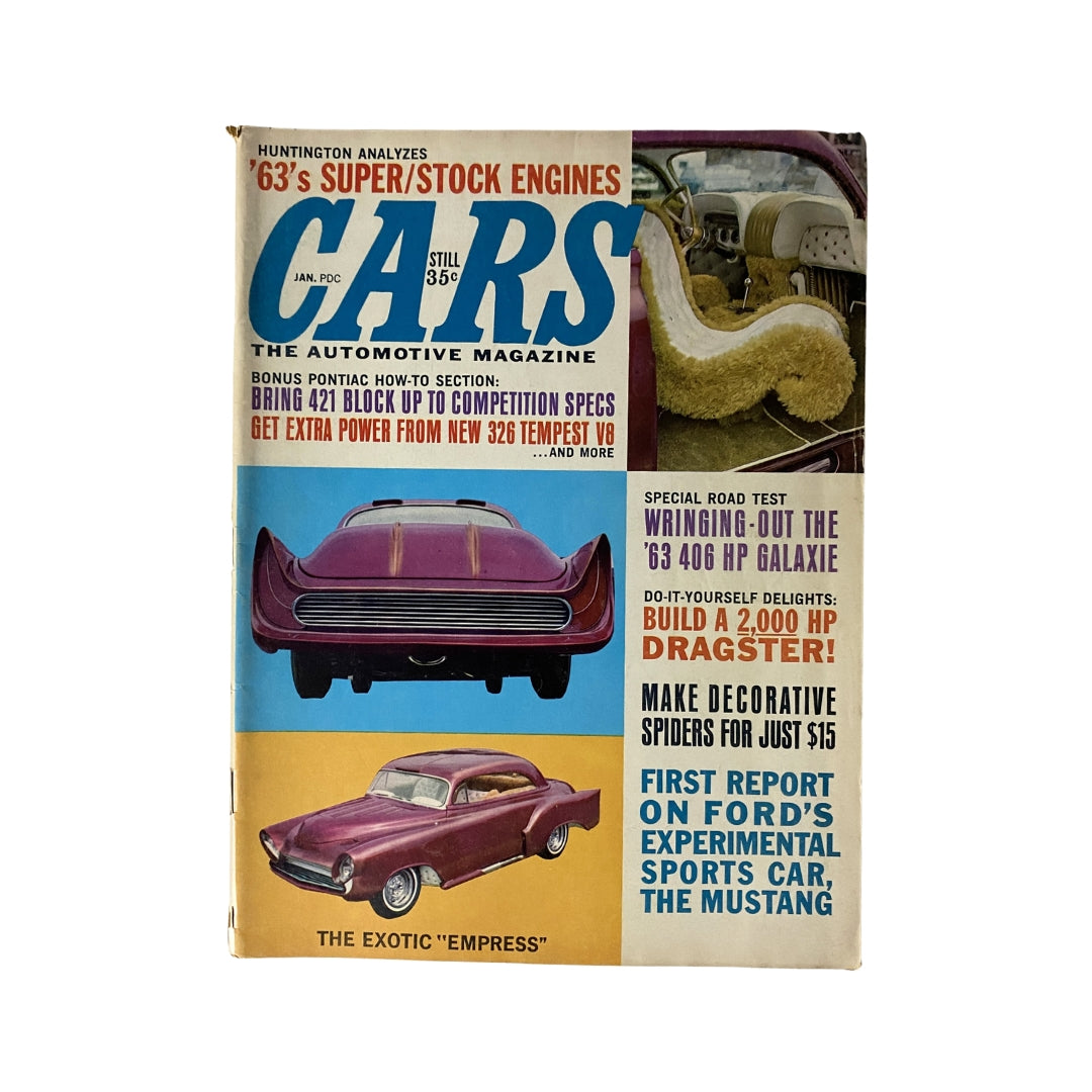 Cover of Vintage Cars Magazine January 1963 featuring the Ford Experimental Sportster, including articles about 1963 Super/Stock Engines and a focus on American muscle cars.