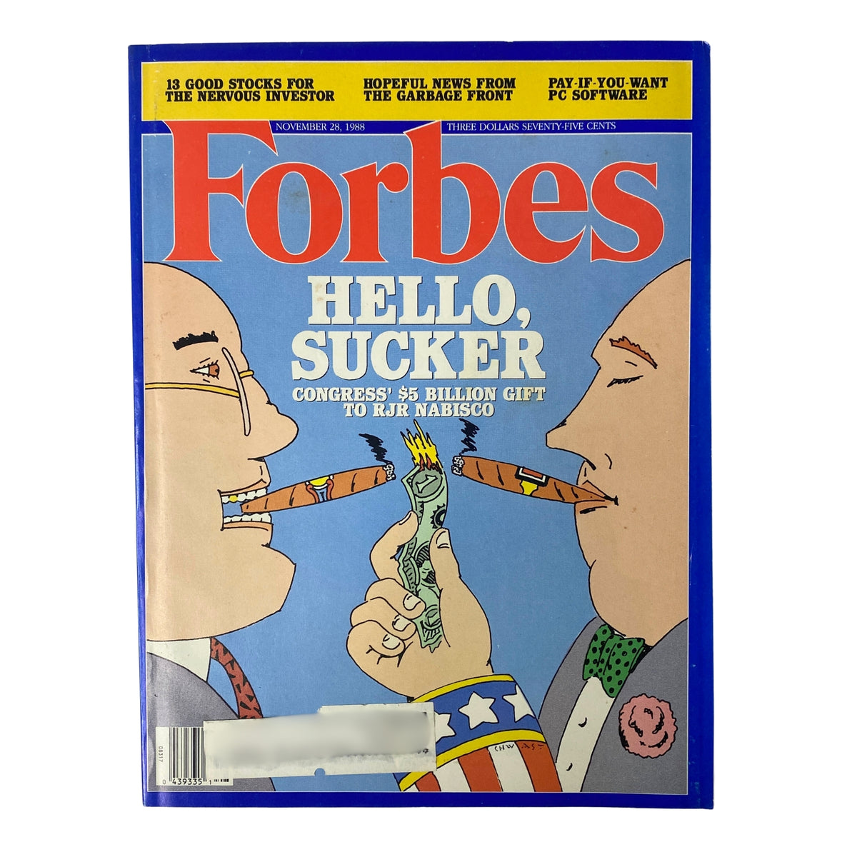 Forbes Magazine cover from November 28, 1988, featuring the title 'Hello, Sucker' with an illustration depicting Congress' $5 Billion Gift to RJR Nabisco, highlighting the economic themes of corporate finance.