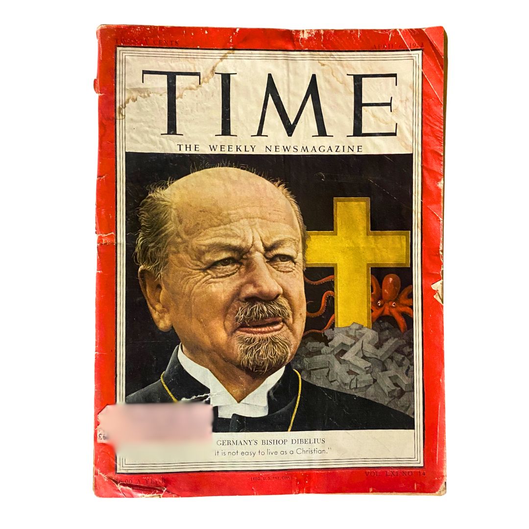 Cover of VTG Time Magazine April 6, 1953, featuring F. K. Otto Dibelius with a striking portrait and a background of significant imagery.