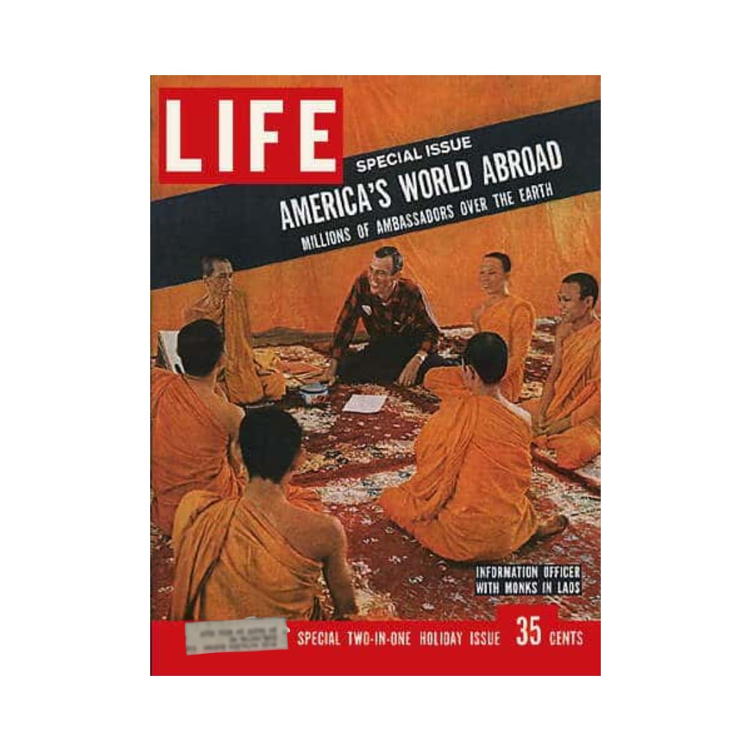 Cover of VTG Life Magazine December 23, 1957, featuring Monks in Laos. The special 2-in-1 issue highlights America's World Abroad with a gathering of monks, showcasing cultural insights and historical context from the late 1950s.