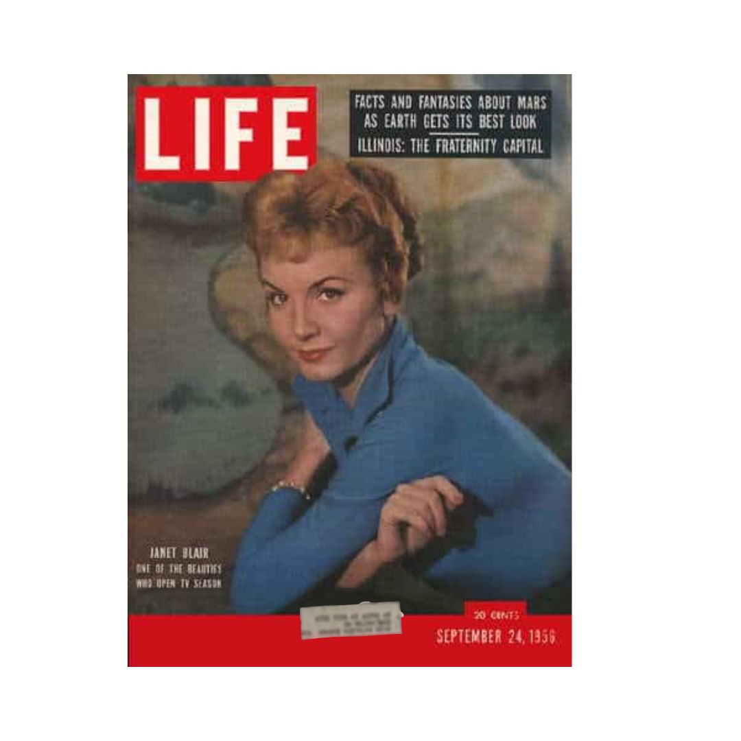 Vintage Life Magazine cover from September 24, 1956, featuring actress Janet Blair, showcasing mid-20th century culture with articles on space exploration and civil rights.