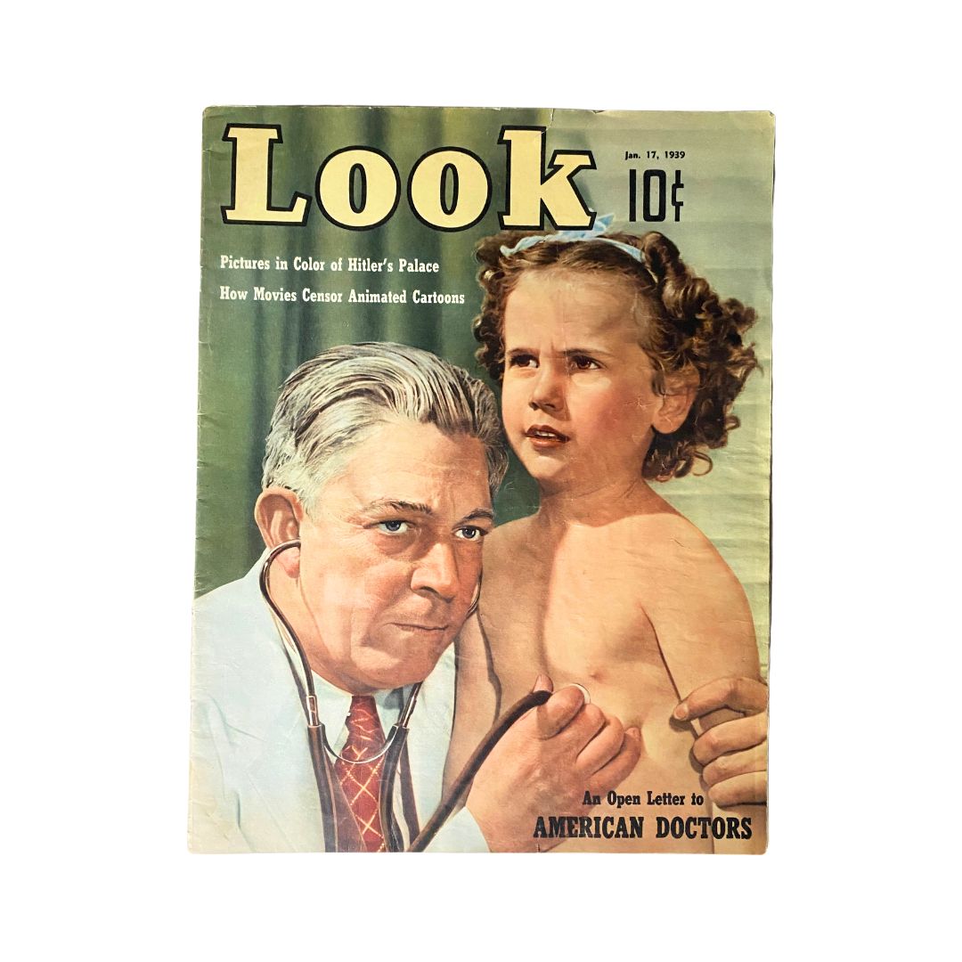 VTG Look Magazine January 17, 1939 Vol 3 No. 2 featuring a cover illustration of a doctor examining a young girl, highlighting an open letter to American doctors.