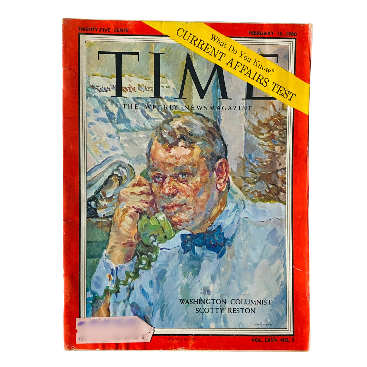 Cover of Time Magazine February 15, 1960, Vol 75 No. 7 featuring Washington columnist Scotty Reston talking on the phone with a vibrant painting style.