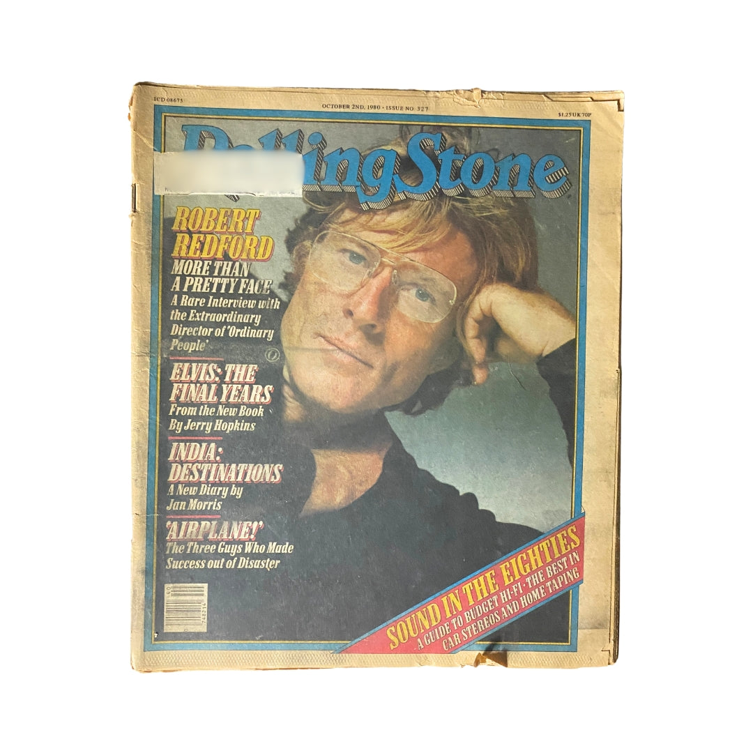 Cover of the VTG Rolling Stone Magazine October 2, 1980 Issue 327 featuring Robert Redford, highlighting articles and film insights from that era.