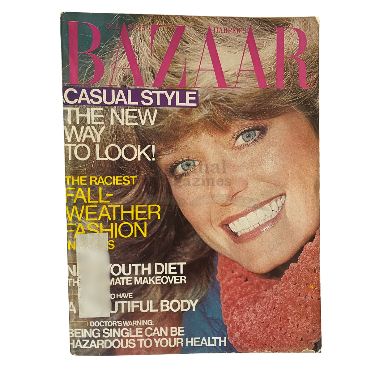 Cover of Harper's Bazaar Magazine October 1978 featuring Farrah Fawcett, showcasing vibrant colors and fashion themes of the late 1970s.