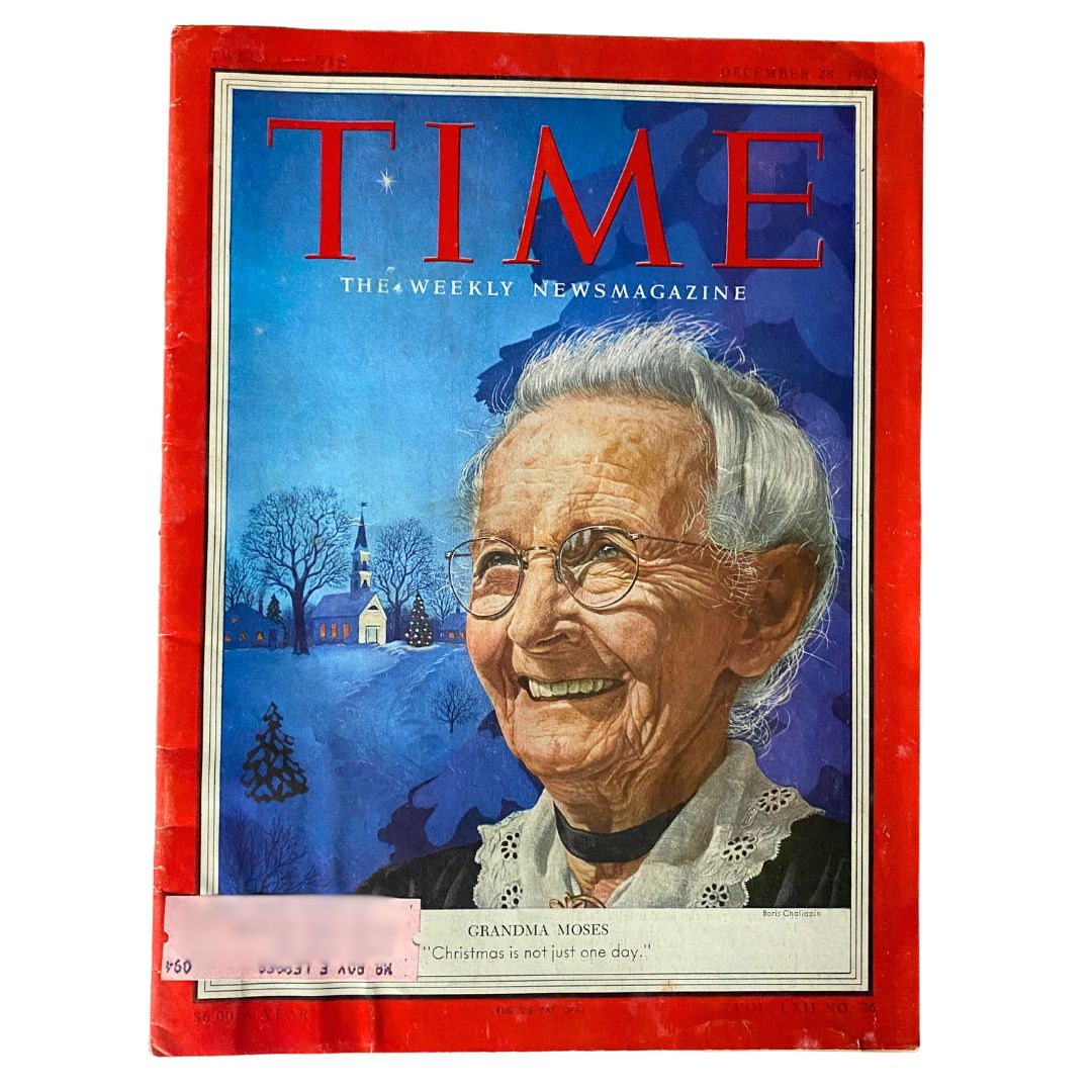 Cover of VTG Time Magazine December 28, 1953 Vol 26 featuring Grandma Moses with a winter landscape in the background, highlighting her famous artwork.