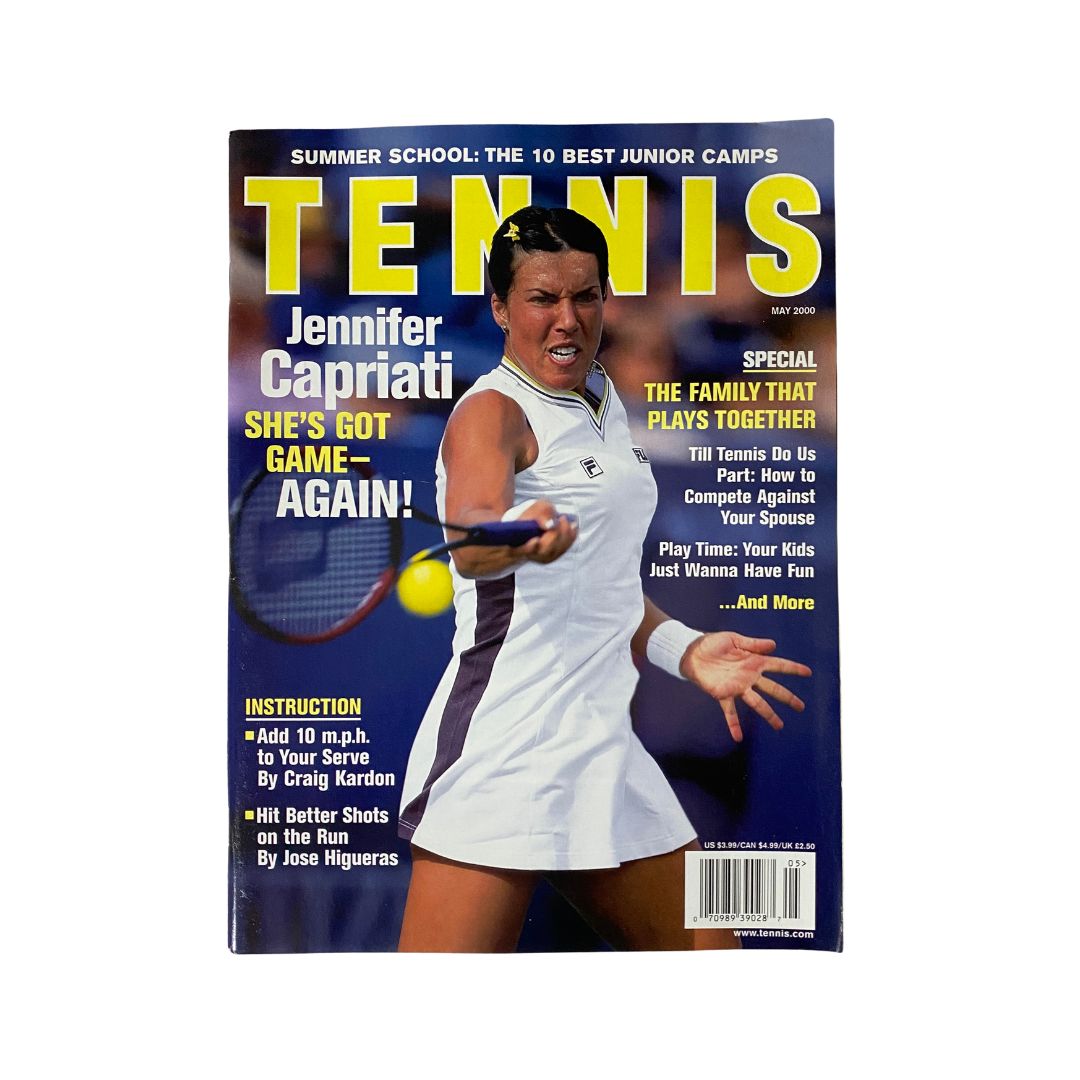Tennis Magazine May 2000 featuring Jennifer Capriati on the cover, showcasing her powerful presence with a tennis racket in hand, embodying her talent and determination in the sport.