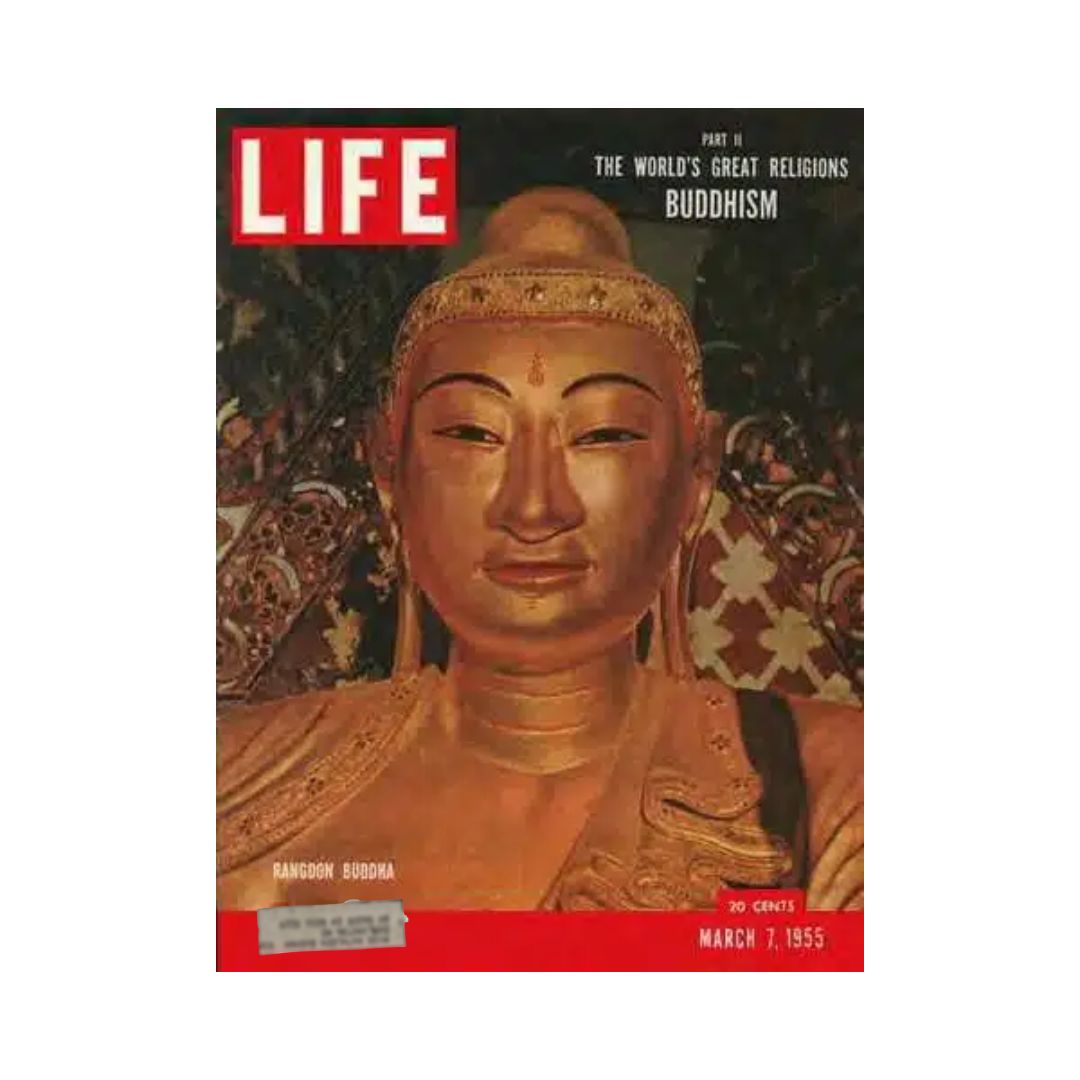 Vintage Life Magazine cover from March 7, 1955, featuring a depiction of the Rangoon Buddha, part of an article on Buddhism as one of the world's great religions.