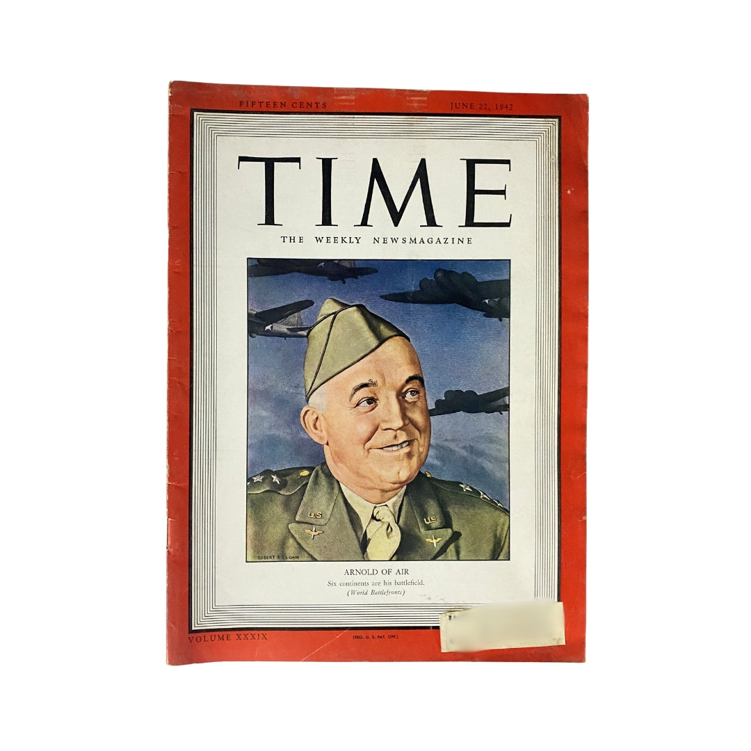 Vintage Time Magazine cover from June 22, 1942, featuring General Henry H. Arnold, with illustrations of aircraft in the background.