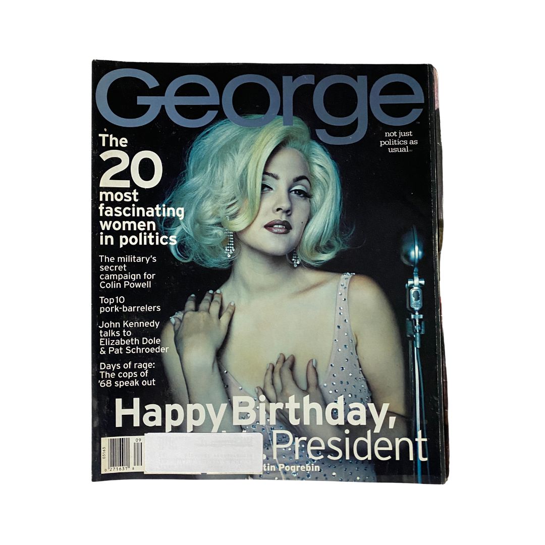 George Magazine September 1996 issue featuring Drew Barrymore on the cover, celebrating her captivating presence in Hollywood and showcasing a blend of celebrity and political culture.