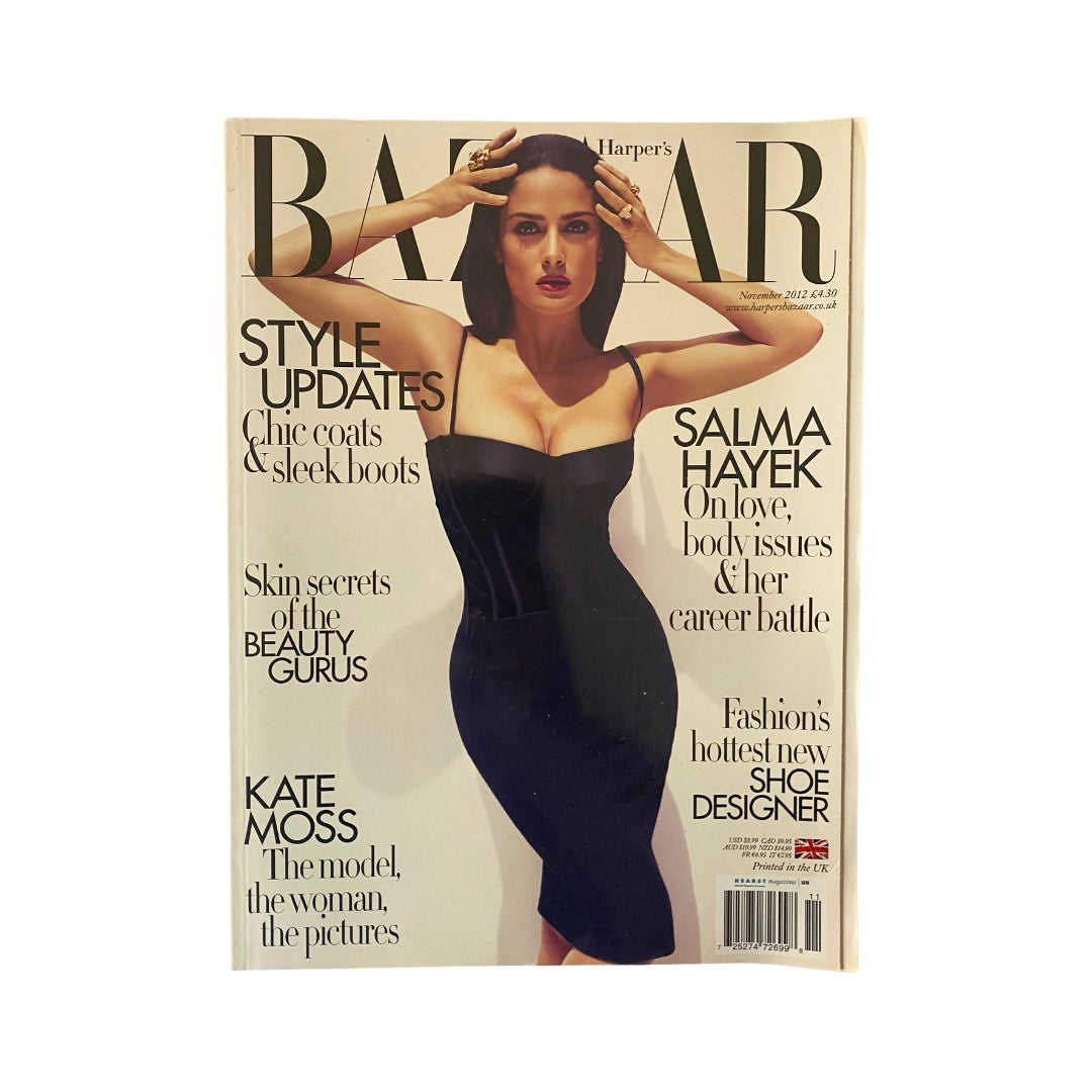 Harper's Bazaar Magazine November 2012 cover featuring Salma Hayek. The magazine showcases fashion trends, beauty updates, and lifestyle topics.