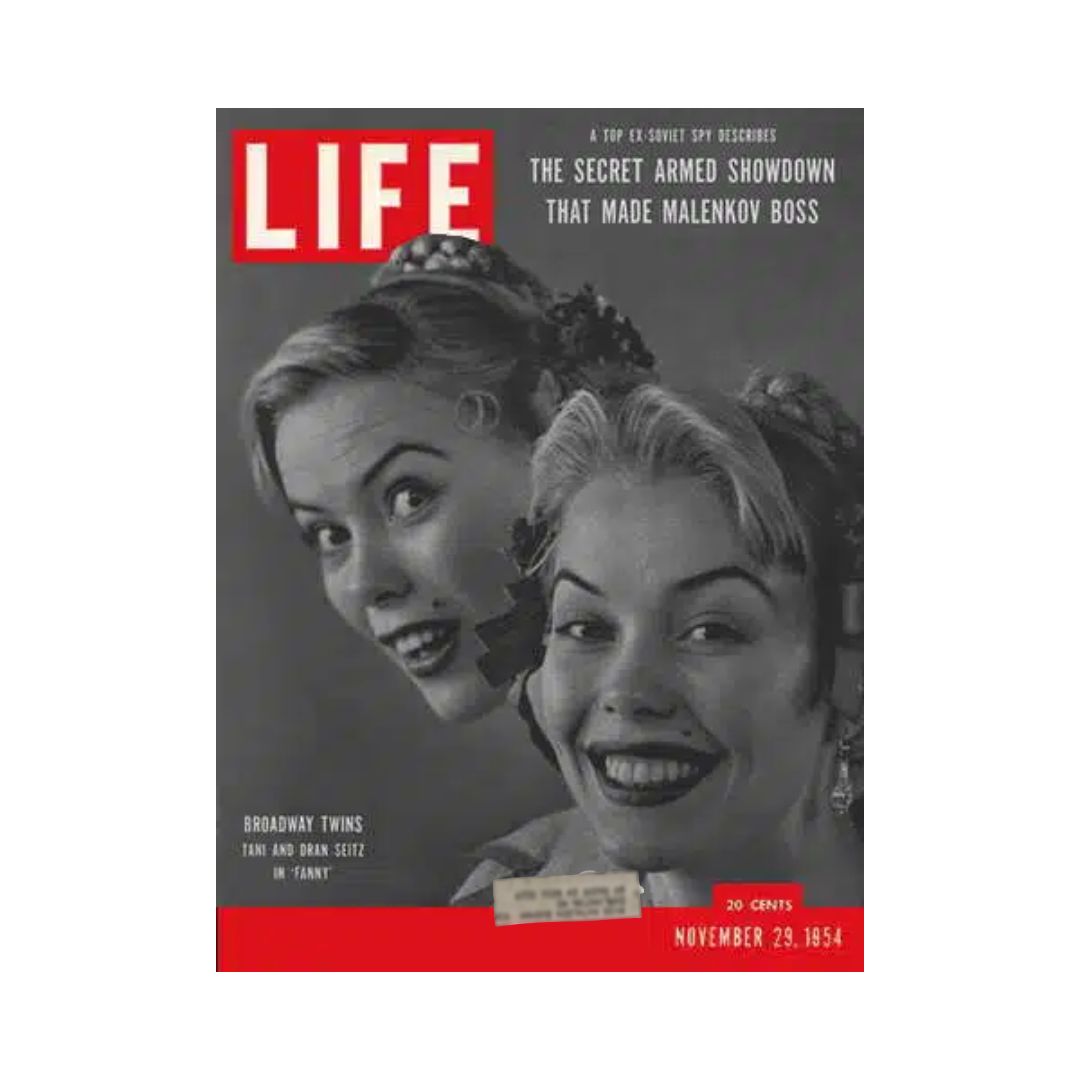 Cover of Vintage Life Magazine dated November 29, 1954 featuring the Seitz Twins, Tani and Daan Seitz, in the Broadway production 'Fanny'. The magazine showcases a nostalgic glimpse into mid-century entertainment.