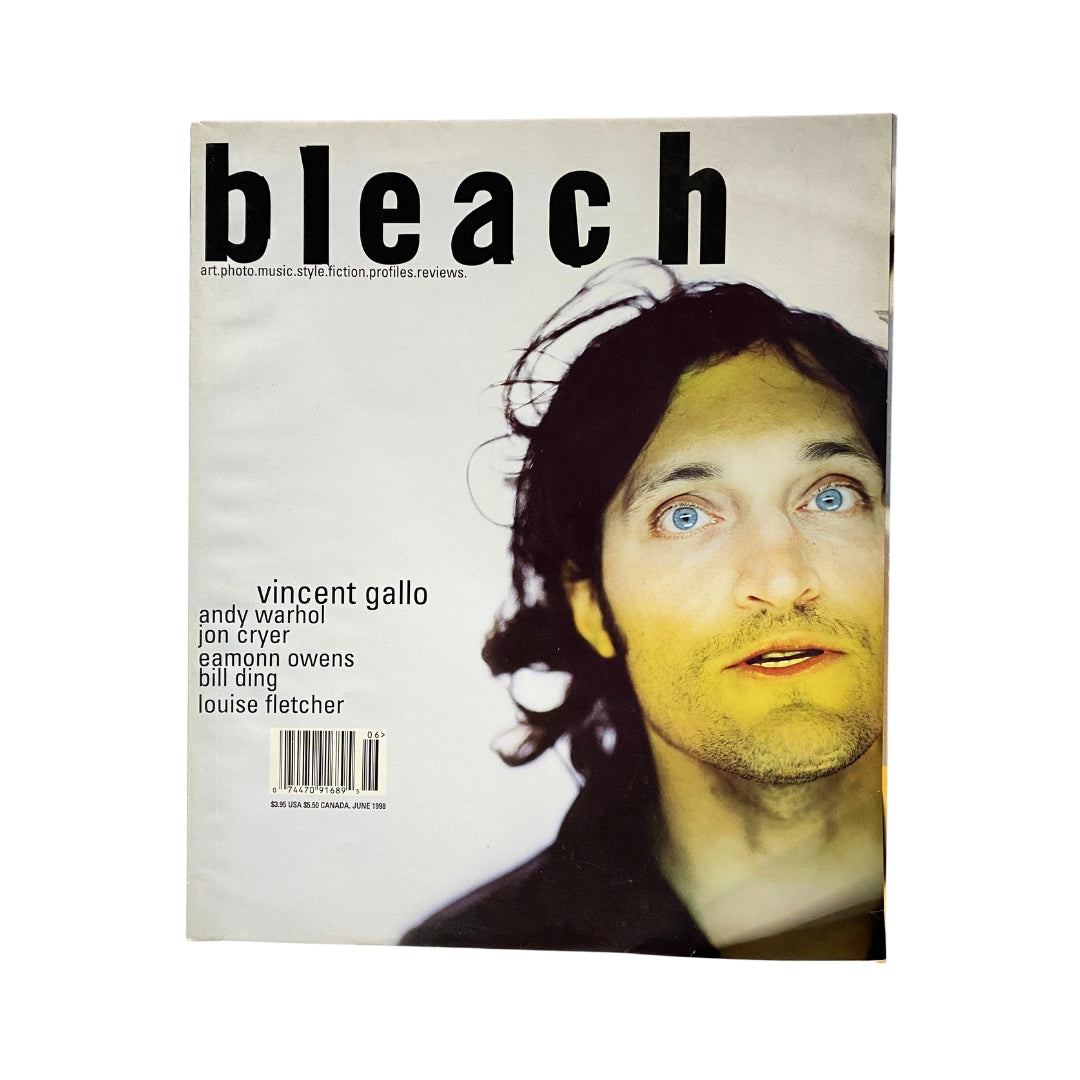 Cover of Bleach Magazine June 1998 featuring Vincent Gallo, Andy Warhol, and Jon Cryer, showcasing the striking visuals from the late 1990s cultural scene.