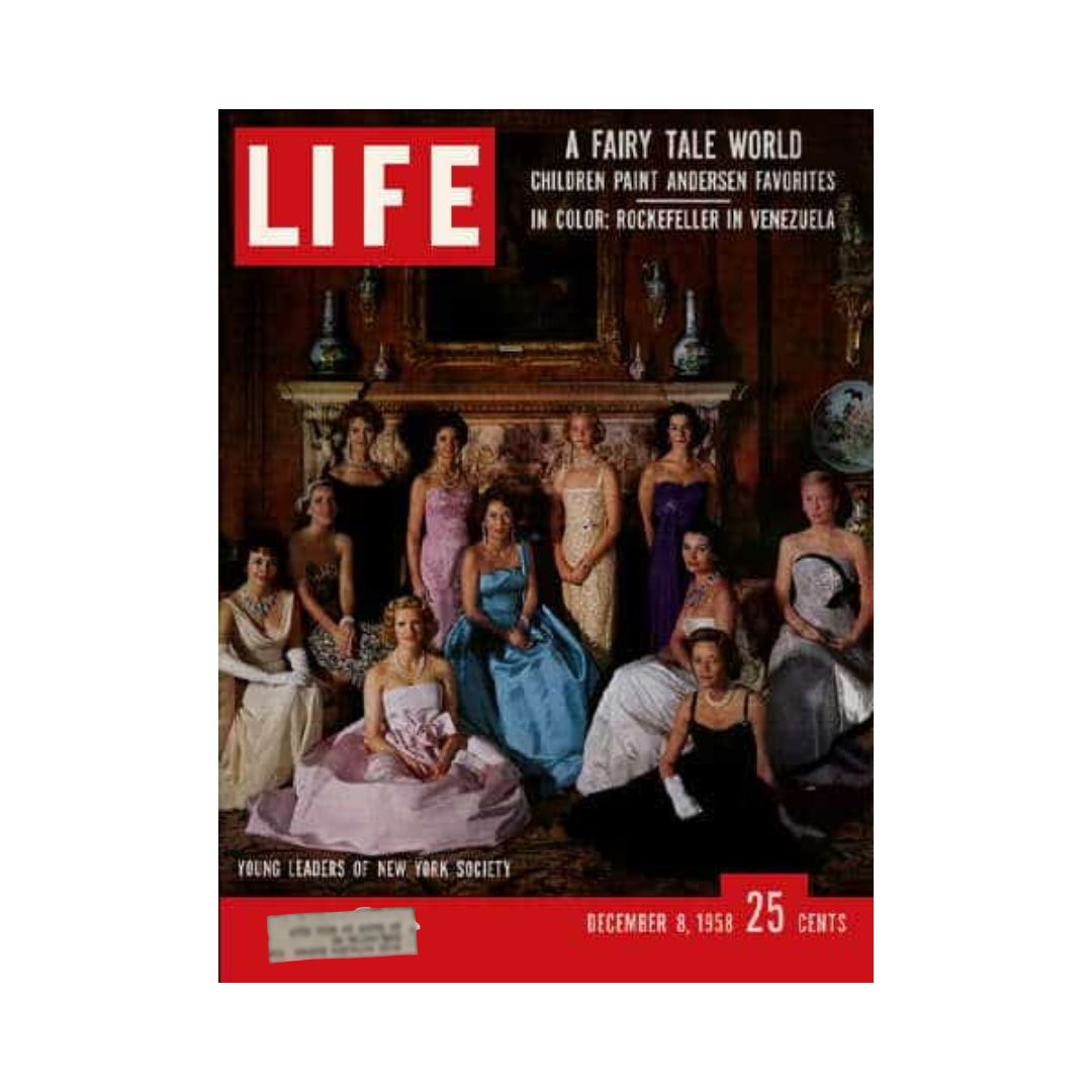 VTG Life Magazine December 8, 1958 cover featuring young leaders of New York Society dressed elegantly in formal attire, showcasing the fashion and social dynamics of the late 1950s.