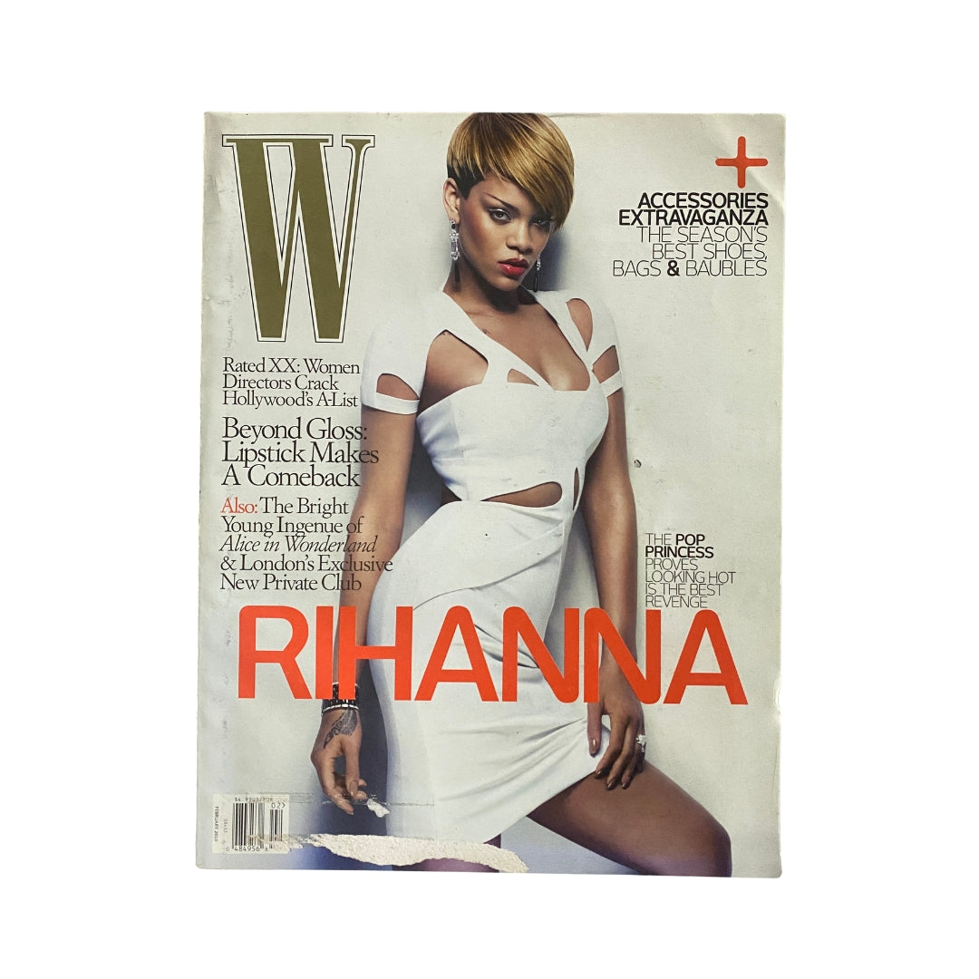 W Magazine February 2010 cover featuring Rihanna dressed in a stylish white outfit, highlighting her status as the Pop Princess and cultural icon.