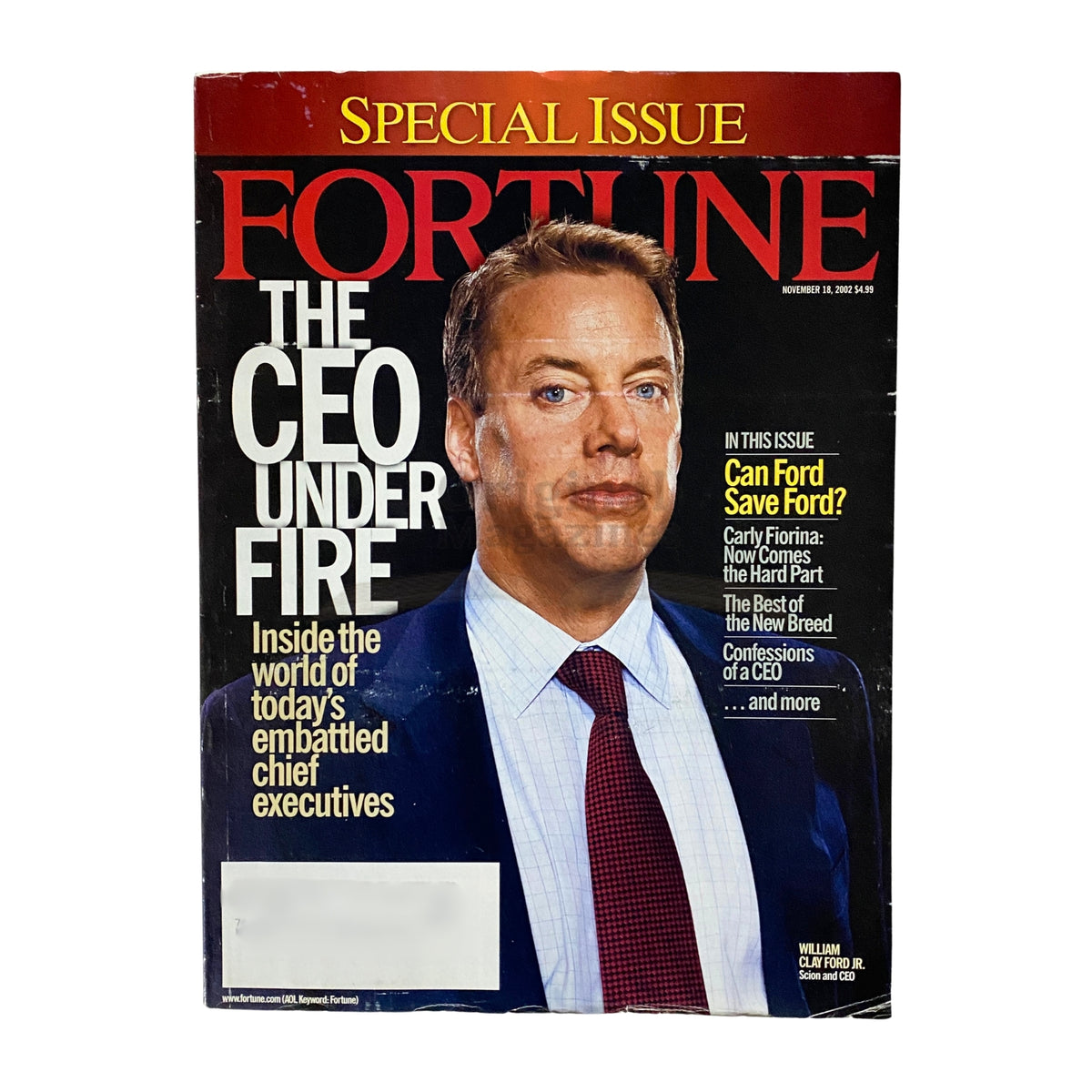 Fortune Magazine November 18, 2002 cover featuring William Clay Ford Jr., CEO of Ford Motor Company, with the headline 'THE CEO UNDER FIRE' and the question 'Can Ford Save Ford?' highlighting corporate leadership challenges.