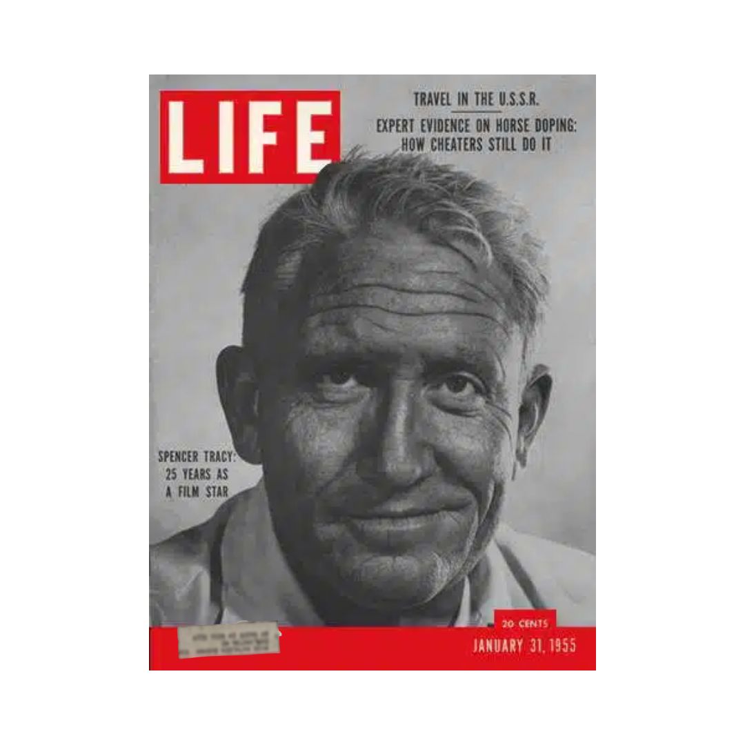 Cover of Life Magazine January 31, 1955 featuring Spencer Tracy, with articles on horse doping, travel in the USSR, and a tribute to Tracy's 25 years as a film star.