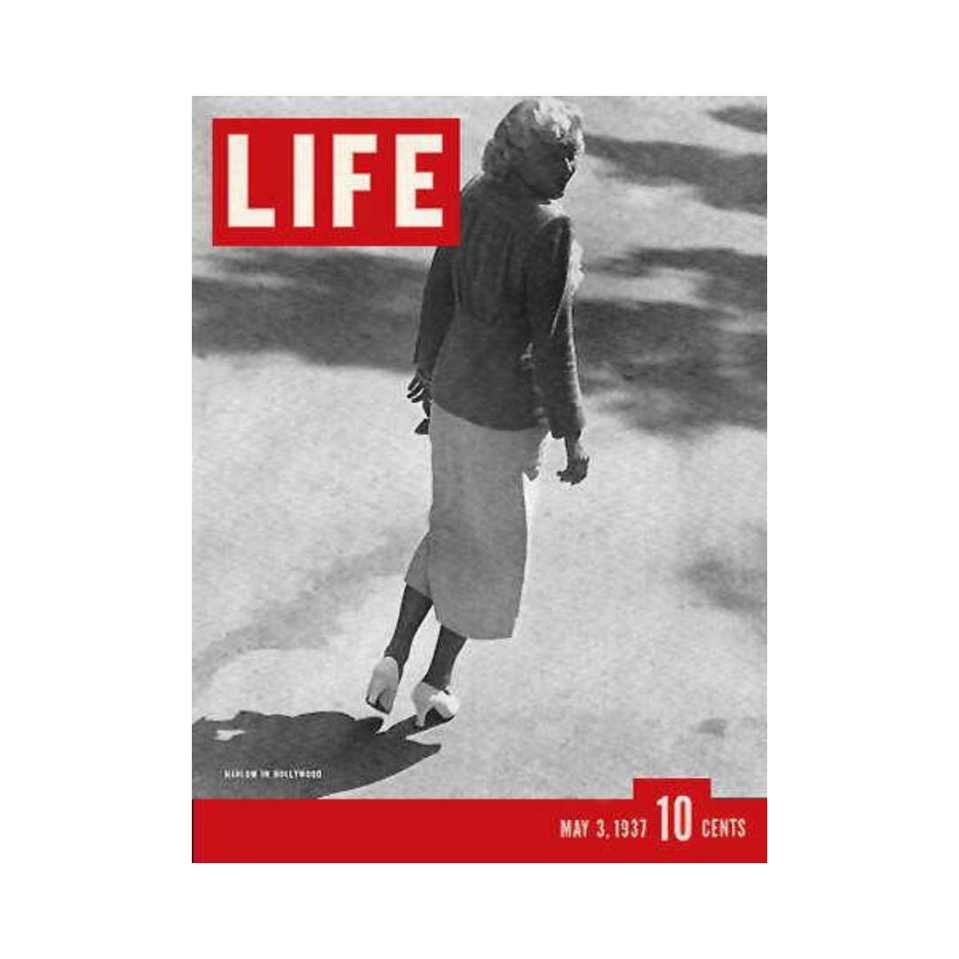 Cover of VTG Life Magazine dated May 3, 1937 featuring an illustration of a woman in Hollywood, showcasing Hollywood glamour. Title: Jean Harlow, actress, Hollywood.