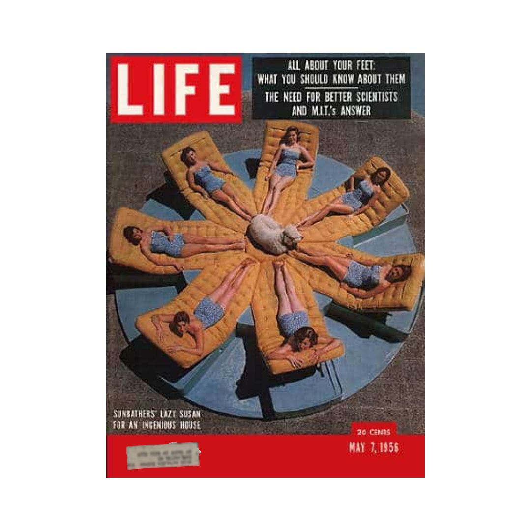 Cover of Life Magazine from May 7, 1956, featuring the Sunbather’s Lazy Susan for Ingenious House, showcasing multiple sunbathers lounging in a unique circular arrangement.