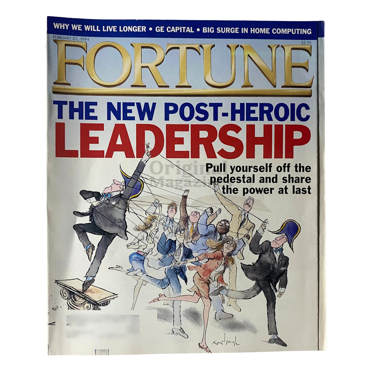 Fortune Magazine February 21, 1994 cover featuring the title 'The New Post-Heroic Leadership', showcasing an artistic depiction of diverse individuals symbolizing leadership dynamics.