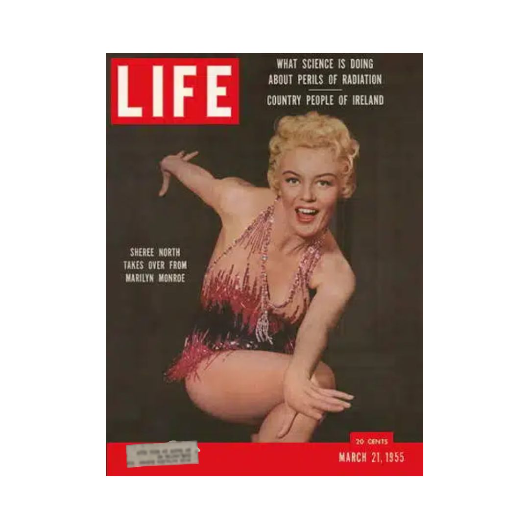 Cover of Life Magazine dated March 21, 1955, featuring Sheree North, who takes over from Marilyn Monroe, showcasing vibrant photography representative of 1950s Hollywood culture.