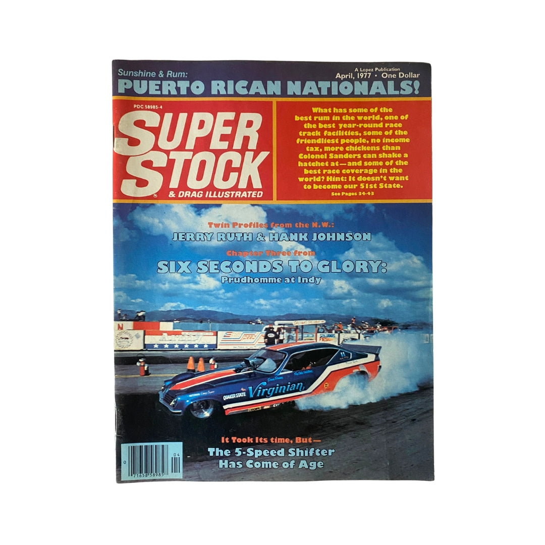 VTG Super Stock Magazine April 1977 featuring Jerry Ruth and Hank Johnson on the cover with a drag racing theme.
