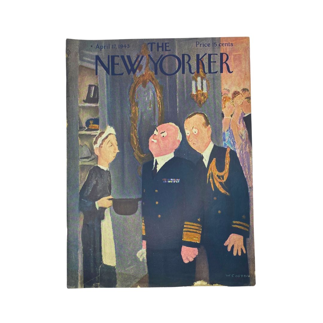 The New Yorker Complete Magazine April 17, 1943 with a William Cotton cover featuring three characters in vintage attire.