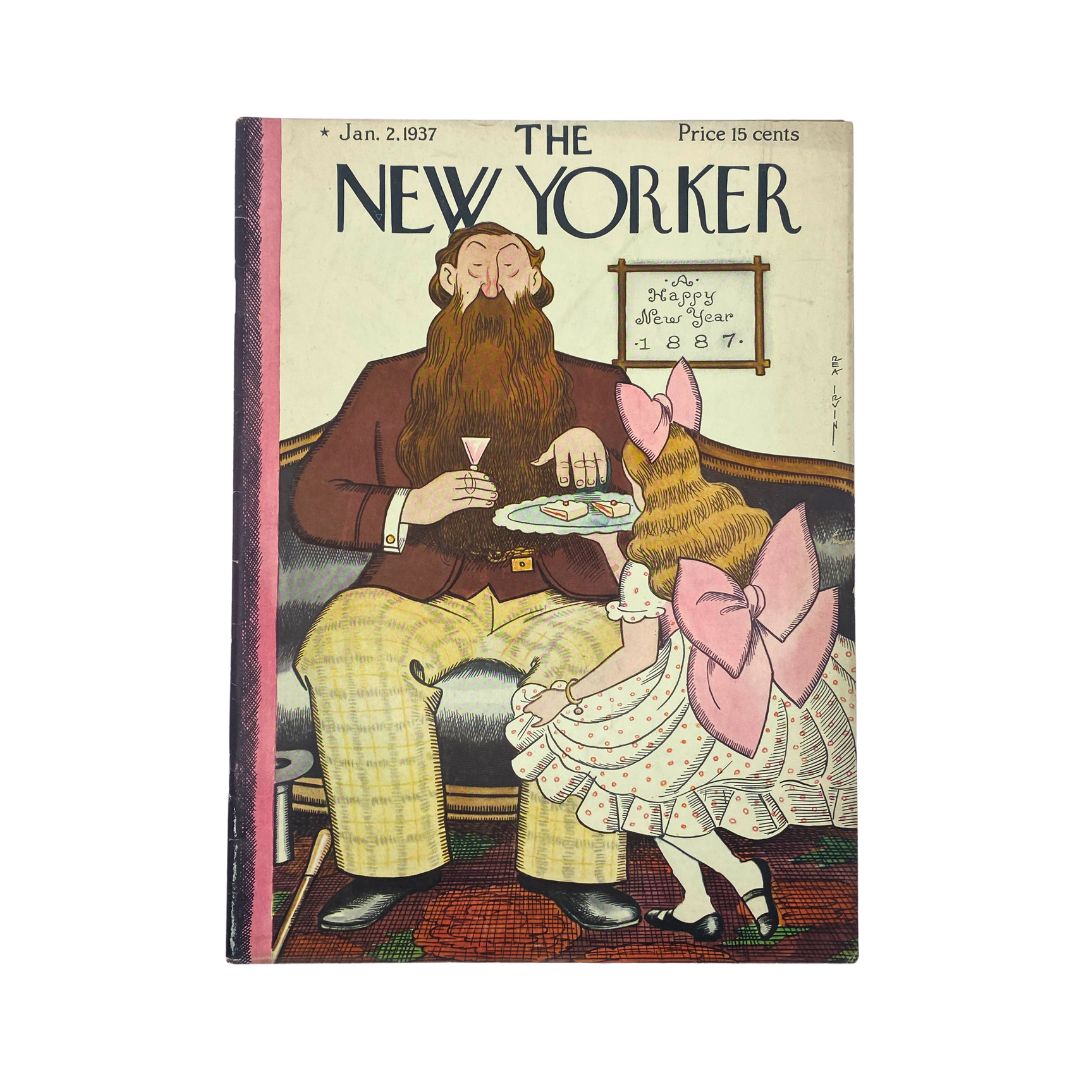 The New Yorker Complete Magazine January 2, 1937 Rea Irvin Cover featuring an illustration of a bearded man and a young girl in a pink bow dress, capturing a whimsical New Year's celebration.