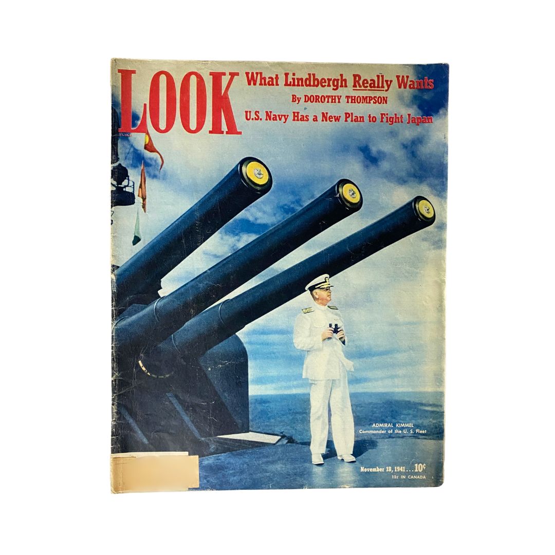 Vintage Look Magazine cover dated November 18, 1941, featuring a naval theme with Admiral Kimmel of the U.S. Fleet highlighted alongside a headline discussing what Lindbergh really wants.