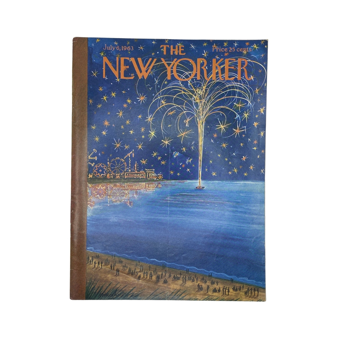 Cover of The New Yorker magazine from July 6, 1963 featuring a vibrant illustration by Anatol Kovarsky, depicting fireworks against a starry night sky.