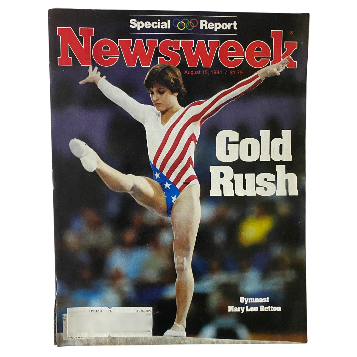 Newsweek Magazine August 13, 1984 cover featuring gymnast Mary Lou Retton in a patriotic leotard, highlighting her Olympic achievements with the title 'Gold Rush'.