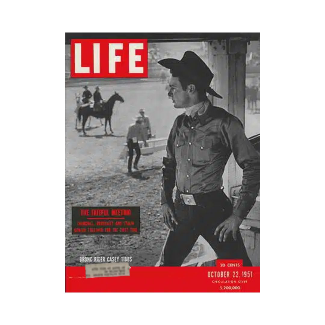 VTG Life Magazine October 22, 1951 featuring Champion Bronc Rider Casey Tibbs on the cover, showcasing western culture and rodeo events.