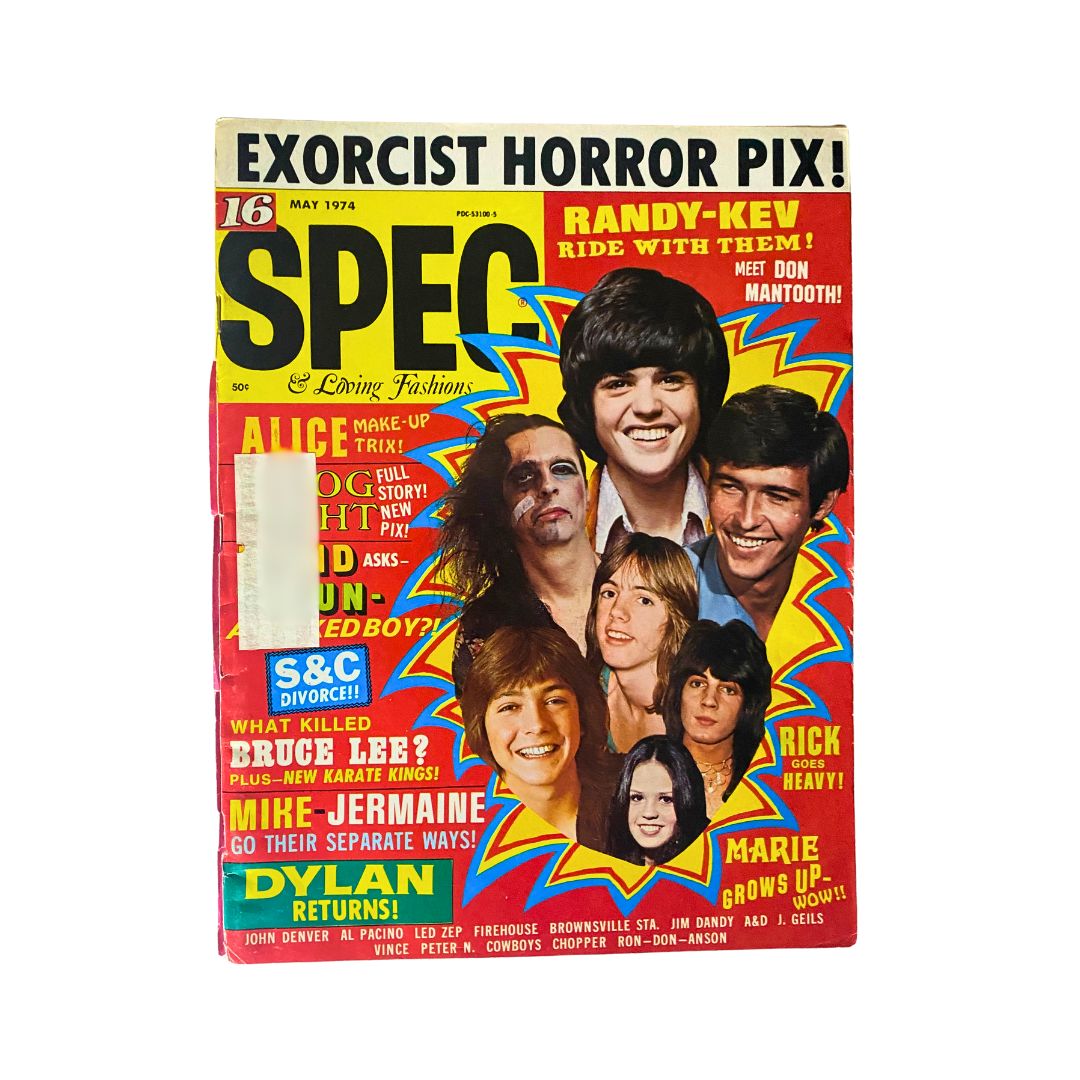 Cover of VTG 16 SPEC Magazine May 1974 featuring Bruce Lee, Alice Cooper, and Randy & Kev, showcasing iconic pop culture elements and vibrant colors.