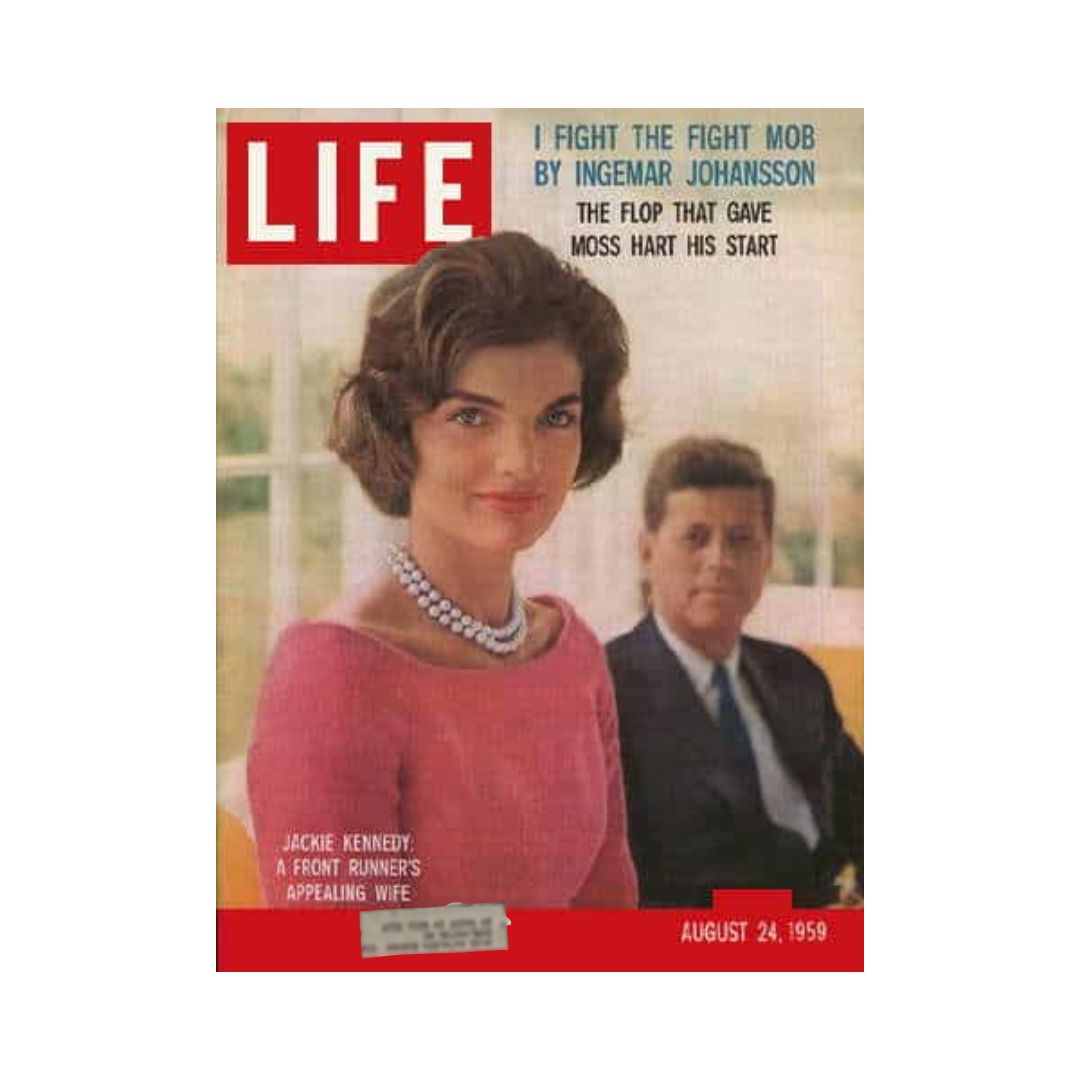 Cover of VTG Life Magazine dated August 24, 1959 featuring Jackie Kennedy with a pearl necklace and John F. Kennedy in the background, highlighting their prominence as public figures of the era.