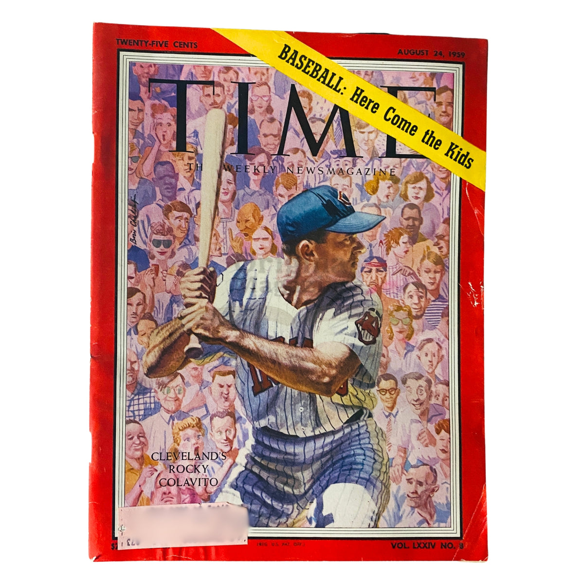 Cover of Time Magazine from August 24, 1959, Volume 74, Issue 8, featuring Cleveland's Rocky Colavito with a baseball bat, highlighting the importance of baseball in American culture.