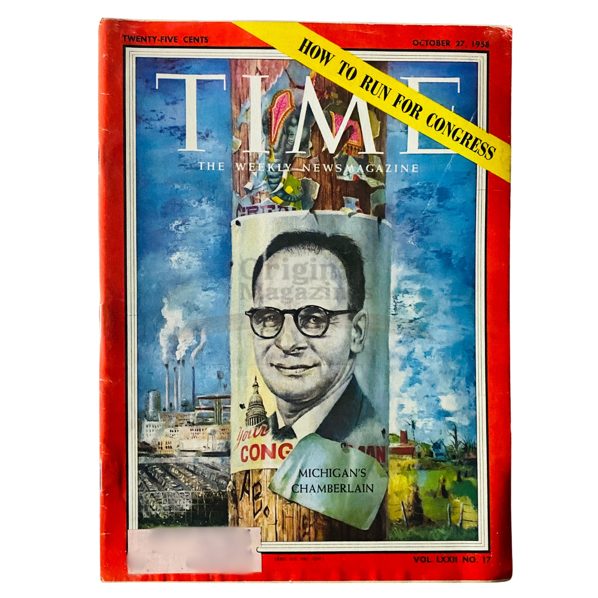 Time Magazine October 27 1958 Vol 72 No. 17 featuring Michigan's Charles Chamberlain on the cover, showcasing aspects of the late 1950s cultural and political landscape.