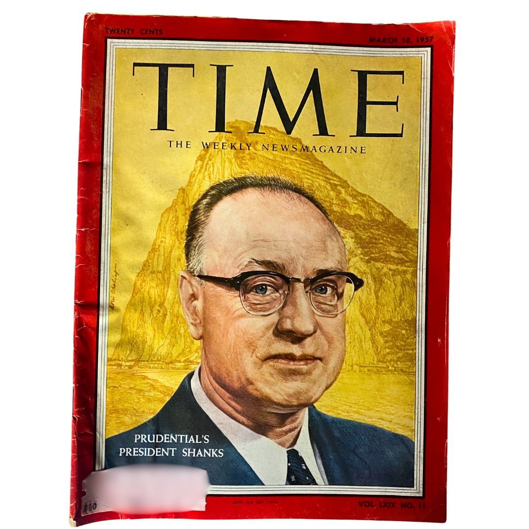 Cover of VTG Time Magazine March 18, 1957 Vol 69 No. 11 featuring Carrol M. Shanks, highlighting the theme 'Prudential's President Shanks' with a vibrant illustration.